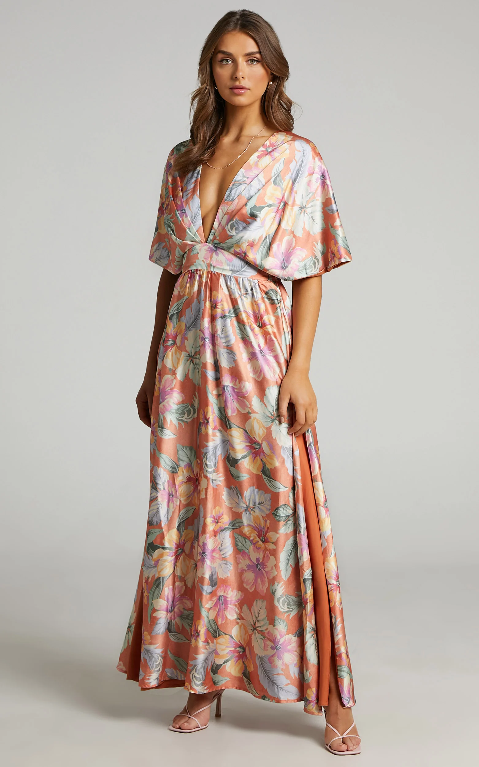 Sophia Maxi Dress - Plunge Neck Bat Wing Sleeve Dress in Multi Floral - Image 3