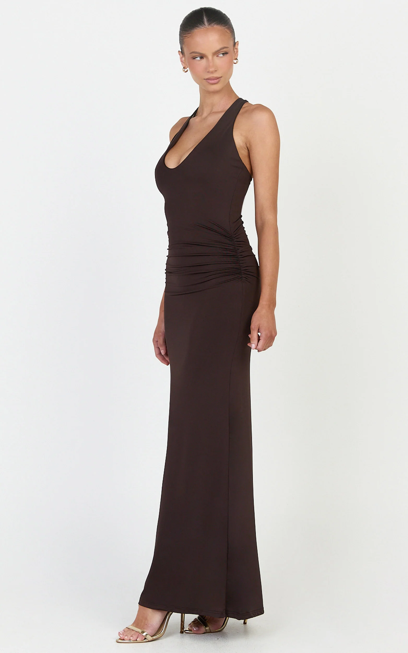 Sophie Maxi Dress - Plunge Neckline Ruched Waist Racer Back Dress in Chocolate - Image 2