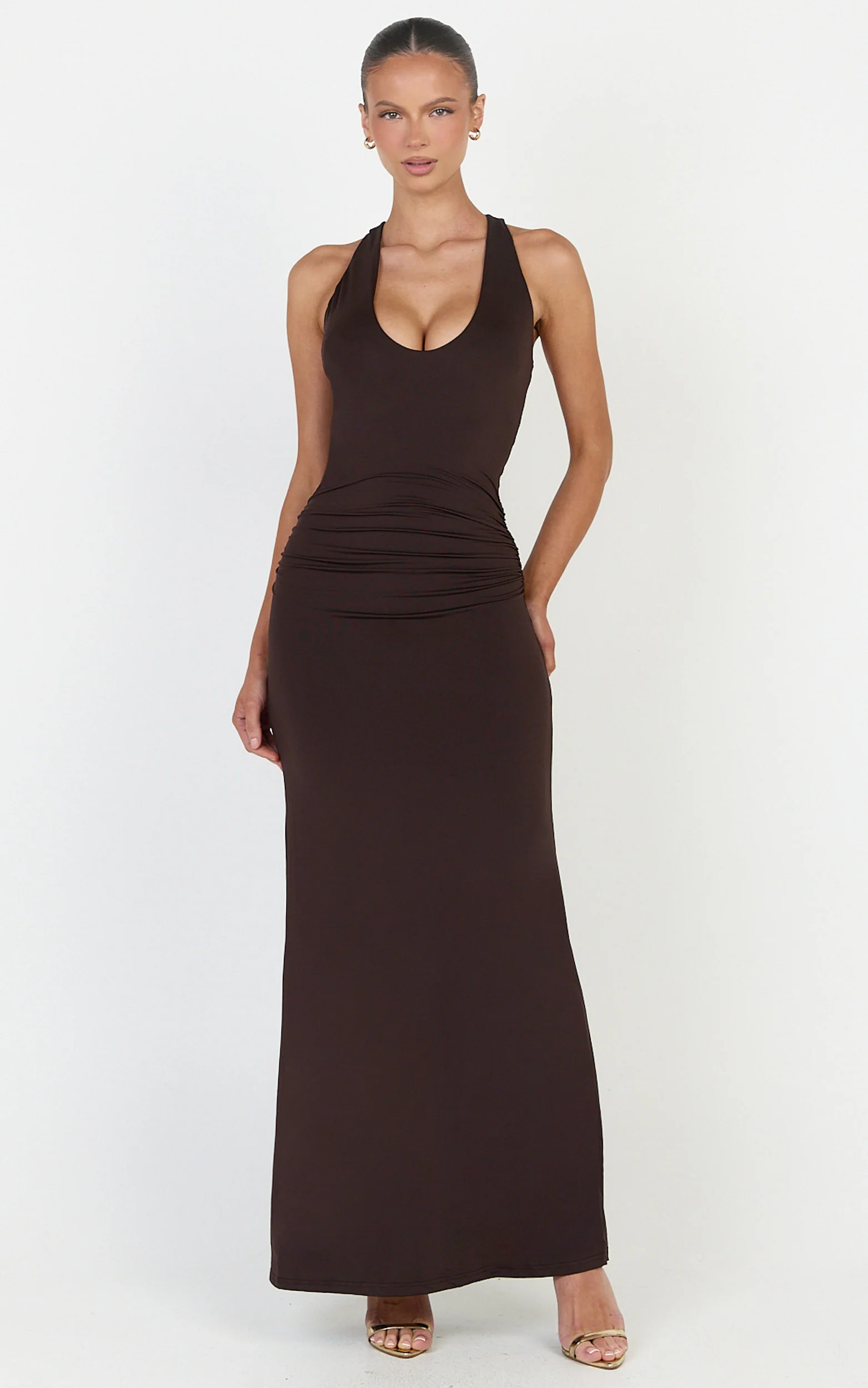 Sophie Maxi Dress - Plunge Neckline Ruched Waist Racer Back Dress in Chocolate - Image 3