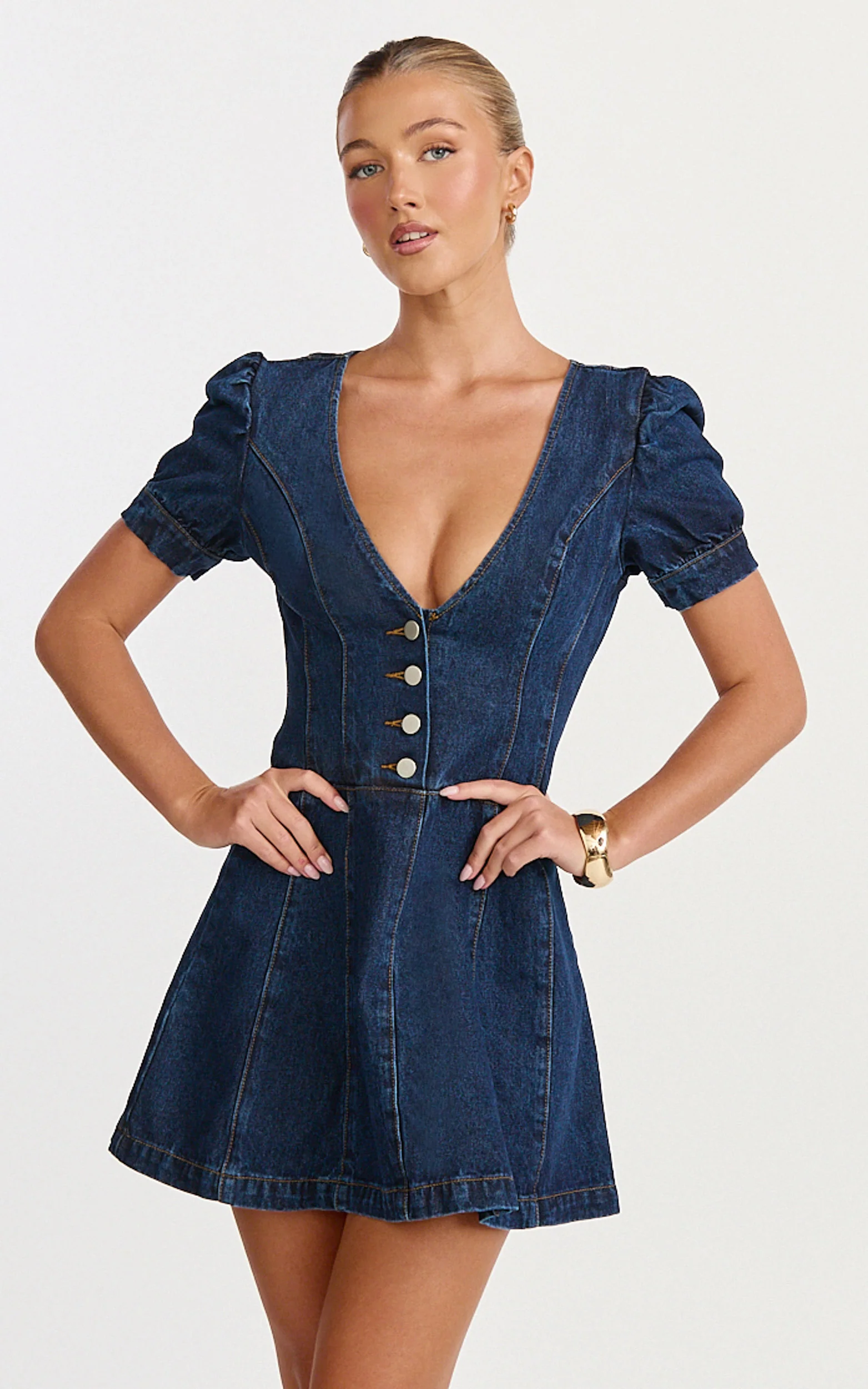 Sophie Mini Dress - Puff Sleeve V Neck Button Down Denim Dress in Dark Blue Wash - Image 3