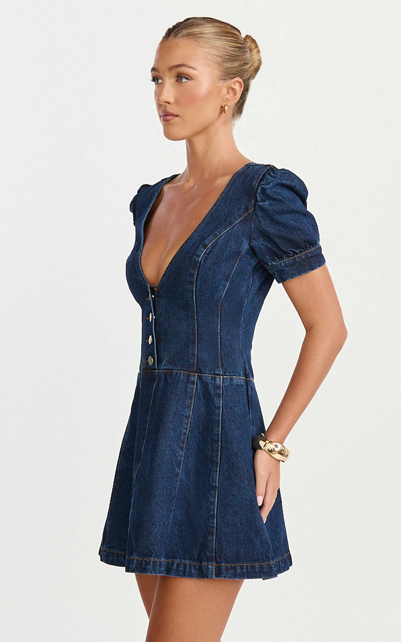 Sophie Mini Dress - Puff Sleeve V Neck Button Down Denim Dress in Dark Blue Wash - Image 4