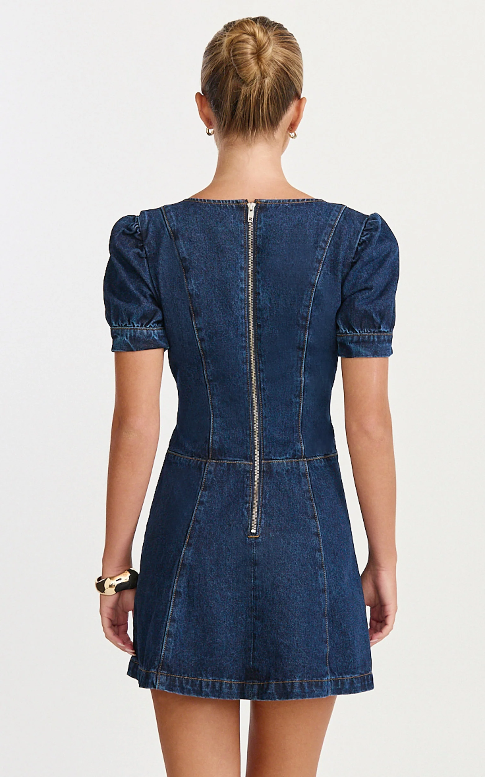 Sophie Mini Dress - Puff Sleeve V Neck Button Down Denim Dress in Dark Blue Wash - Image 5
