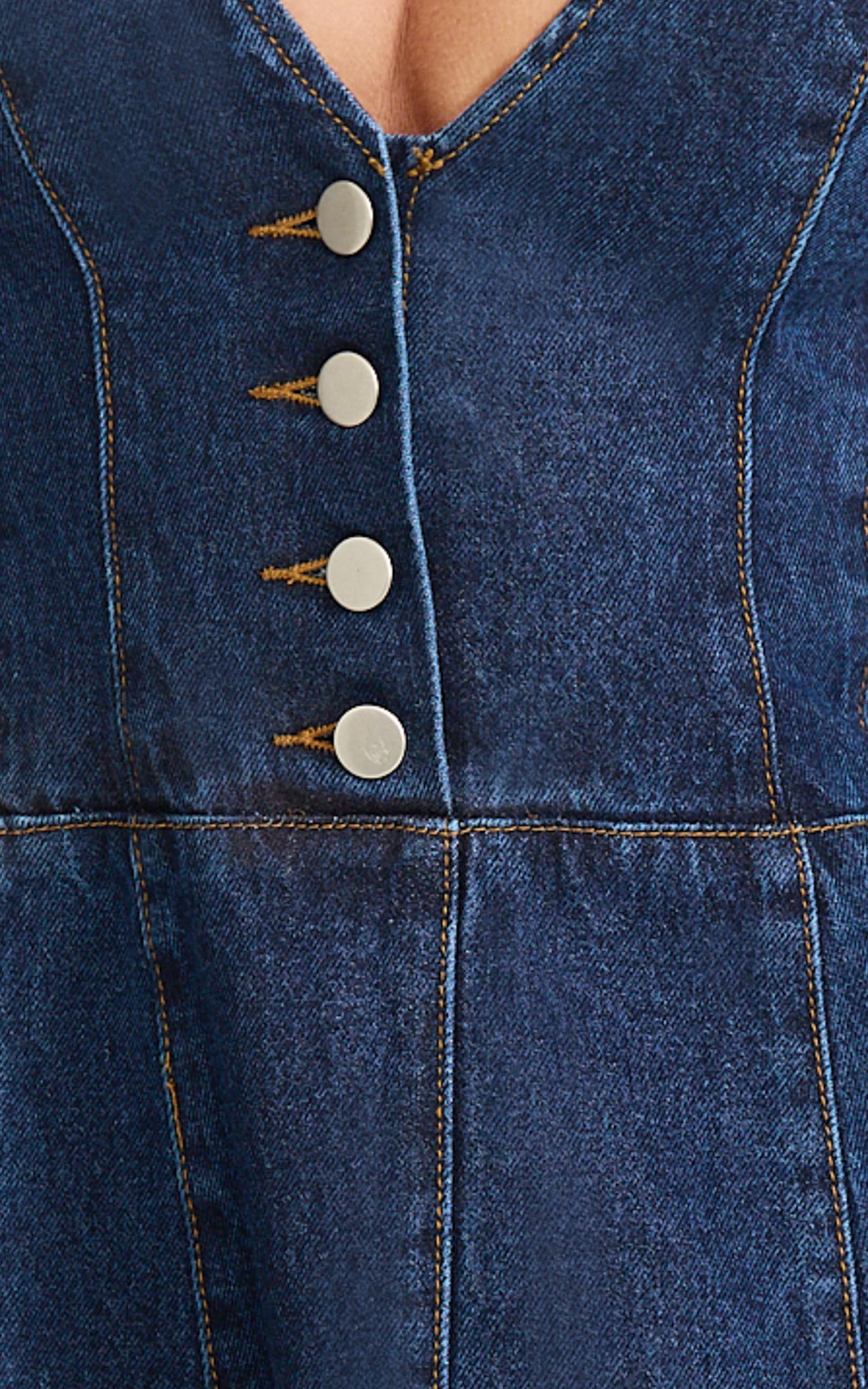 Sophie Mini Dress - Puff Sleeve V Neck Button Down Denim Dress in Dark Blue Wash - Image 6