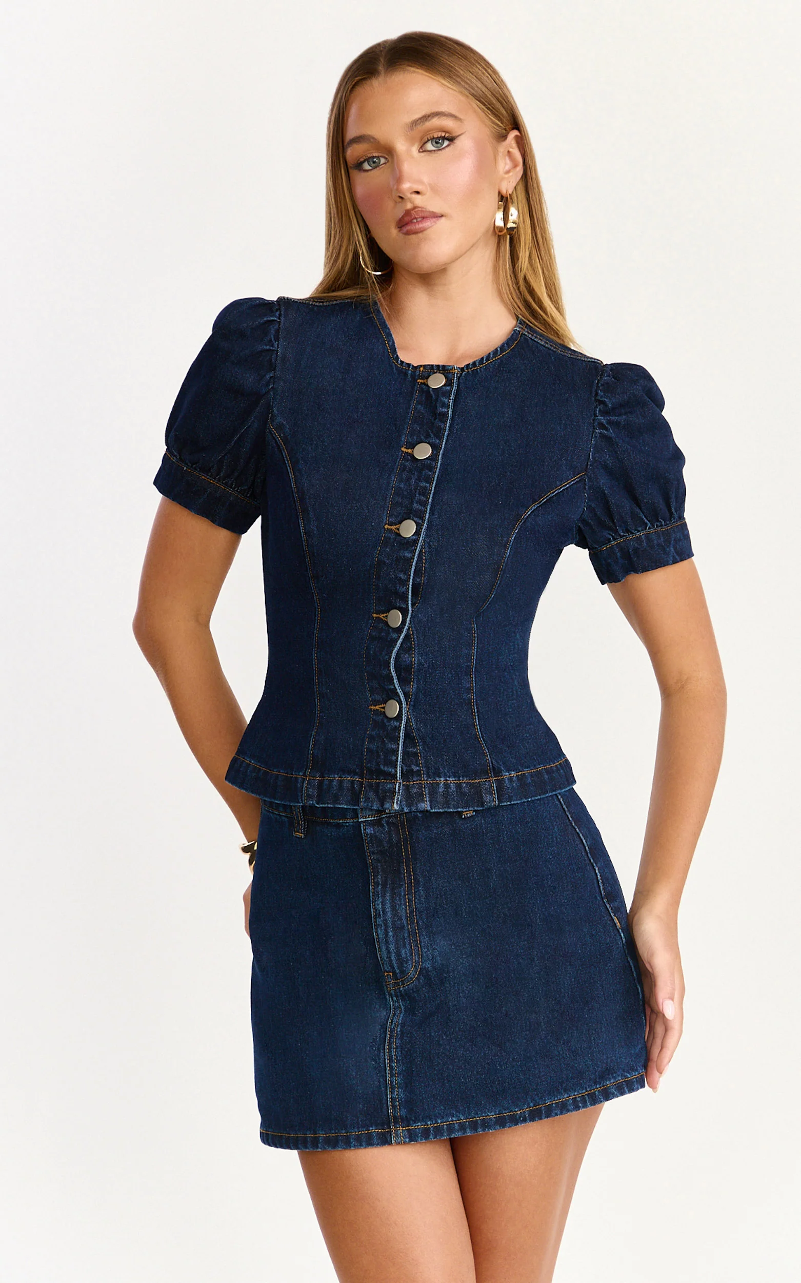 Sophie Top - Puff Sleeve Button Down Denim Top in Indigo - Image 3