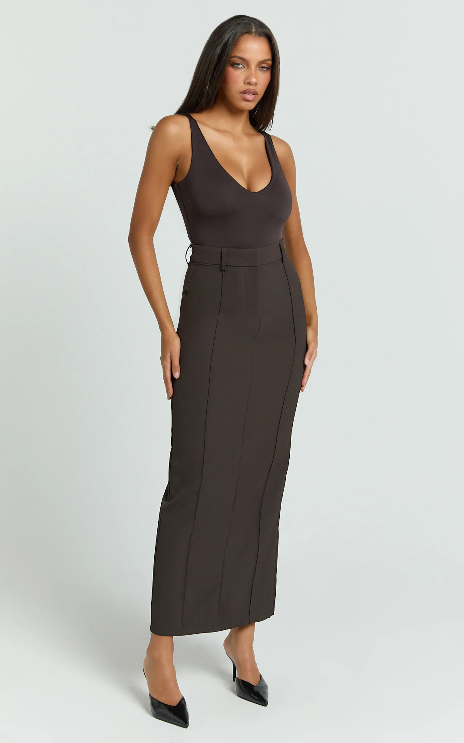 Stella Maxi Skirt - High Waisted Pencil Skirt in Chocolate - Image 7