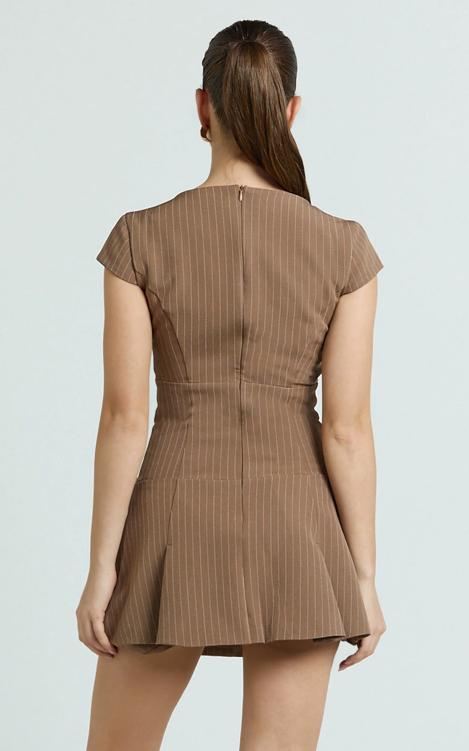 Steph Mini Dress - V Neck Cap Sleeve Pleat Skirt Dress in Chocolate - Image 6