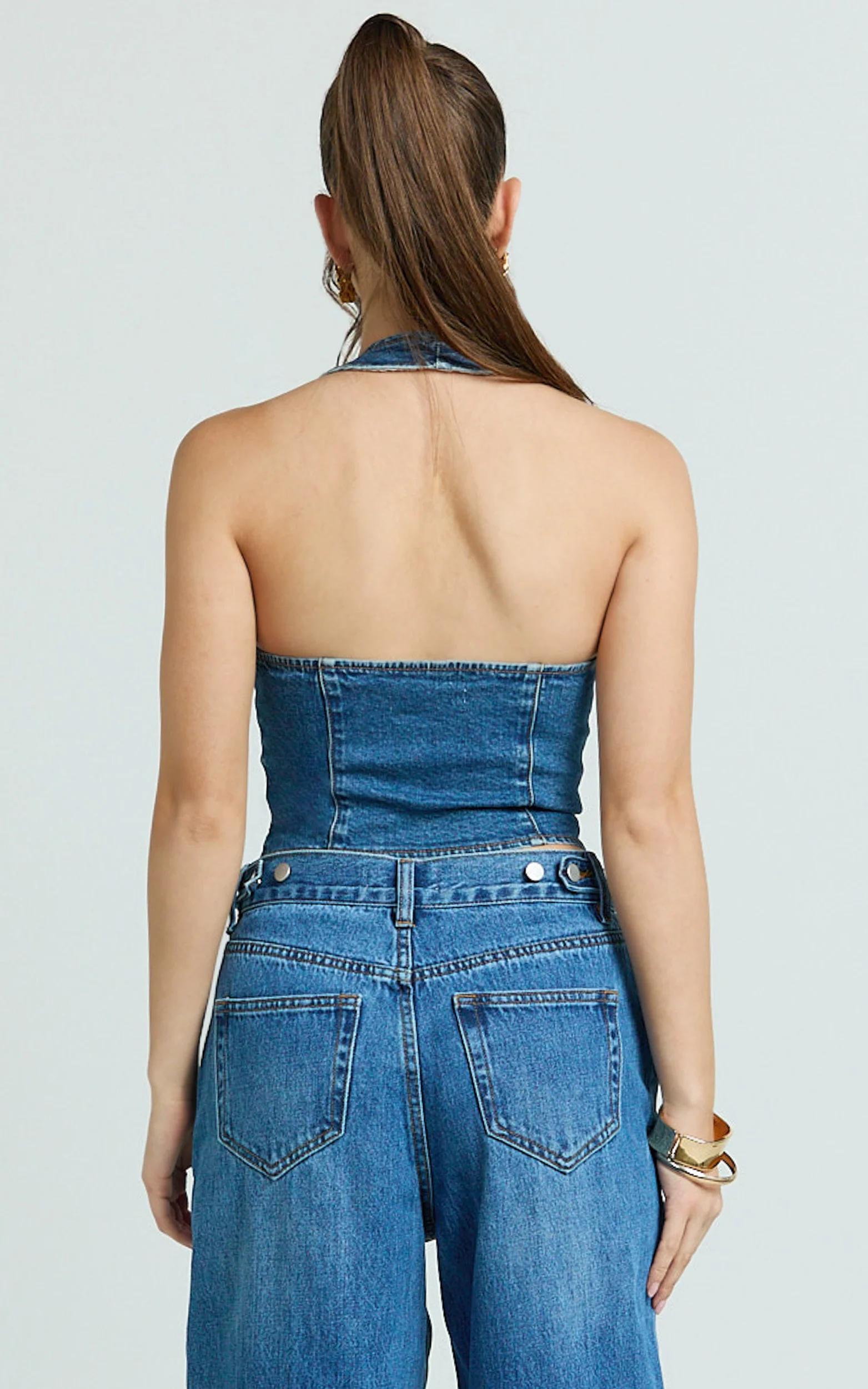Stephanie Top - Zip Through Halter Neck Denim Top in Dark Blue Wash - Image 6