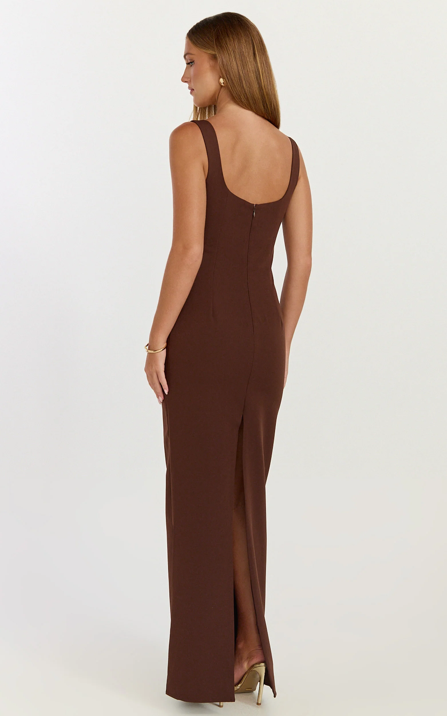 Stormi Maxi Dress - Balconette Bodice Side Split Dress in Chocolate - Image 8