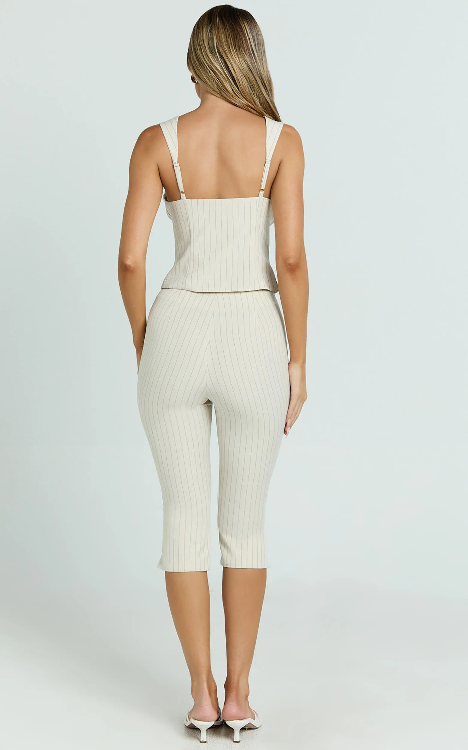 Susannah Pants - Pinstripe Fitted Split Leg Capri Pants in Cream - Image 5
