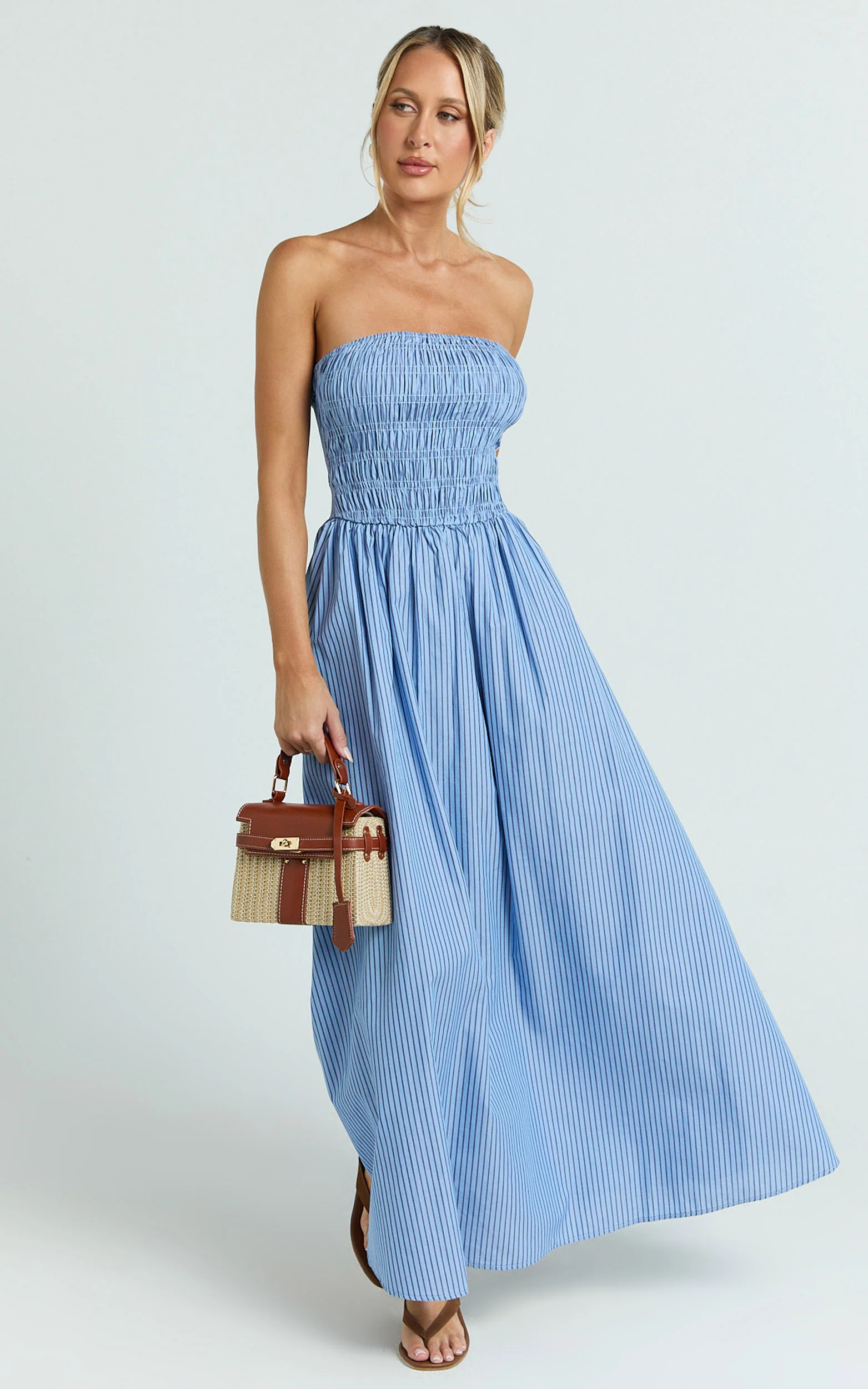 Swanson Midi Dress - Strapless Smocked Dress in Blue Stripe - Image 3