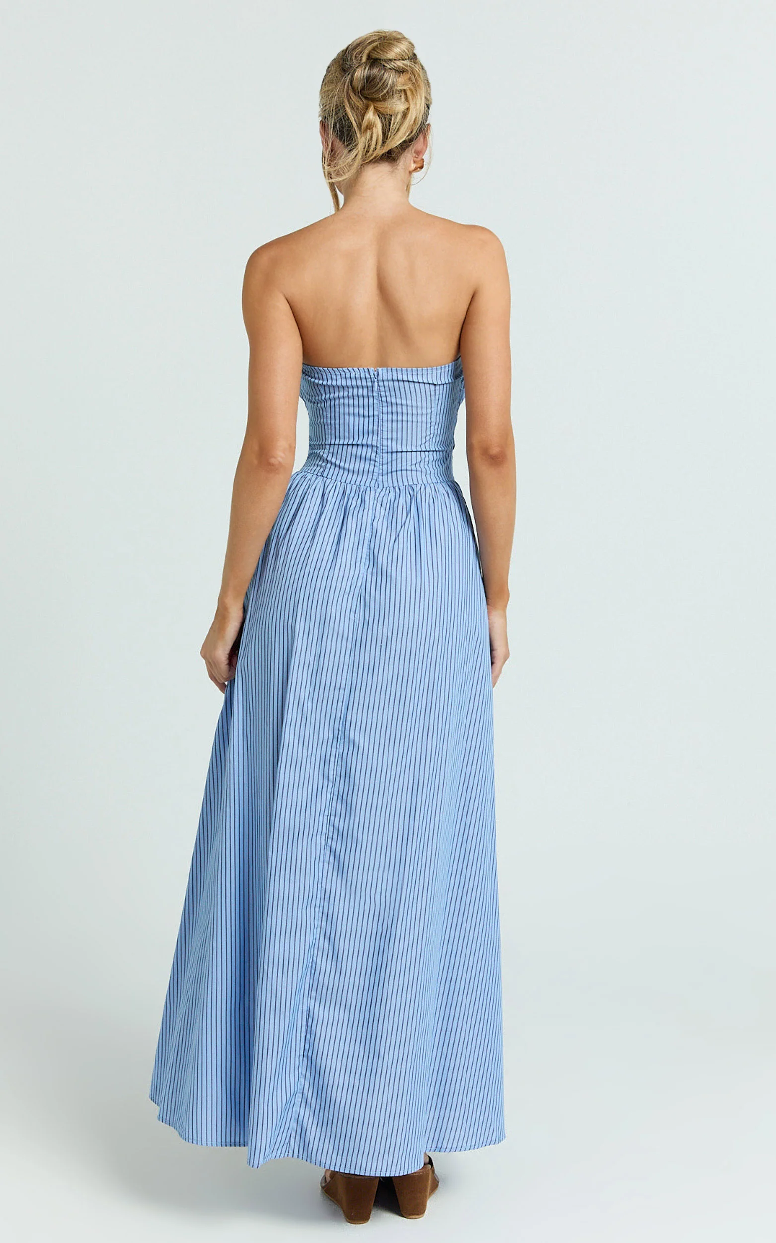 Swanson Midi Dress - Strapless Smocked Dress in Blue Stripe - Image 5