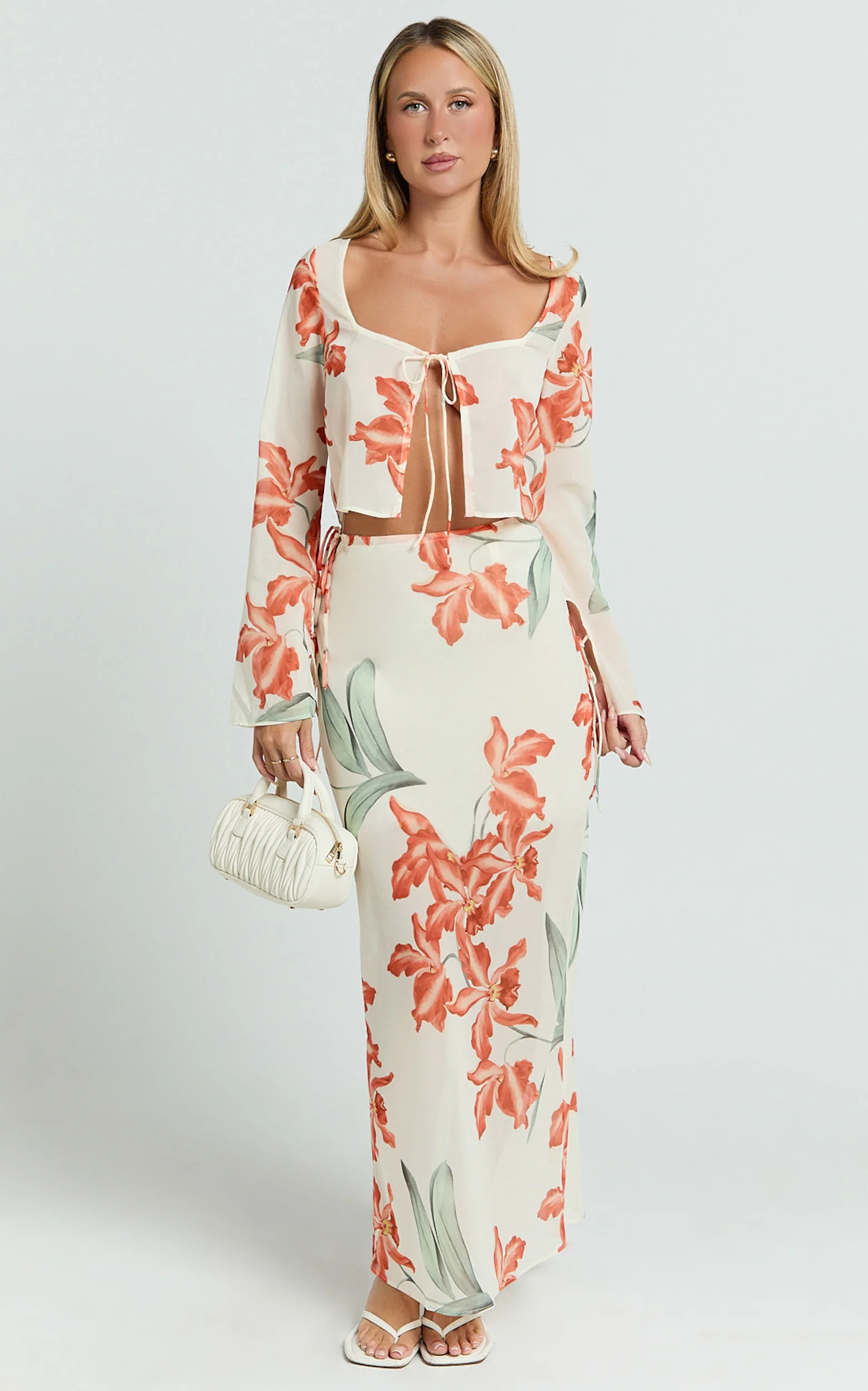 Sybil Two Piece Top and Skirt Set - Abstract Floral Tie Top and Maxi Skirt Set in Vintage Orchid - Image 2