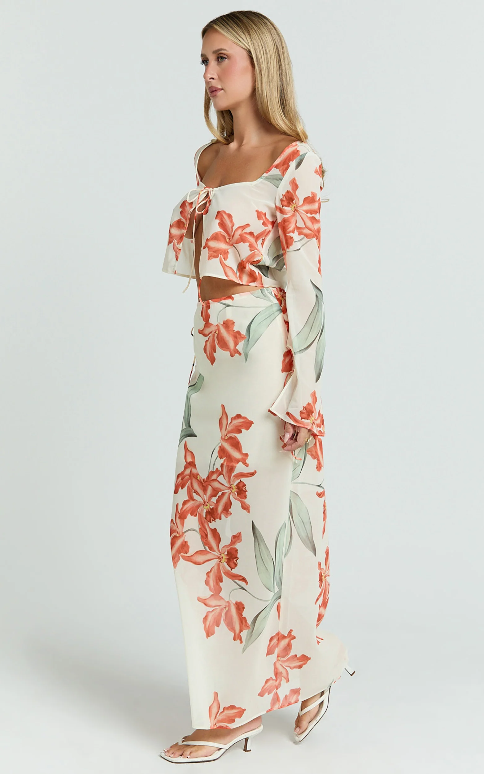 Sybil Two Piece Top and Skirt Set - Abstract Floral Tie Top and Maxi Skirt Set in Vintage Orchid - Image 3