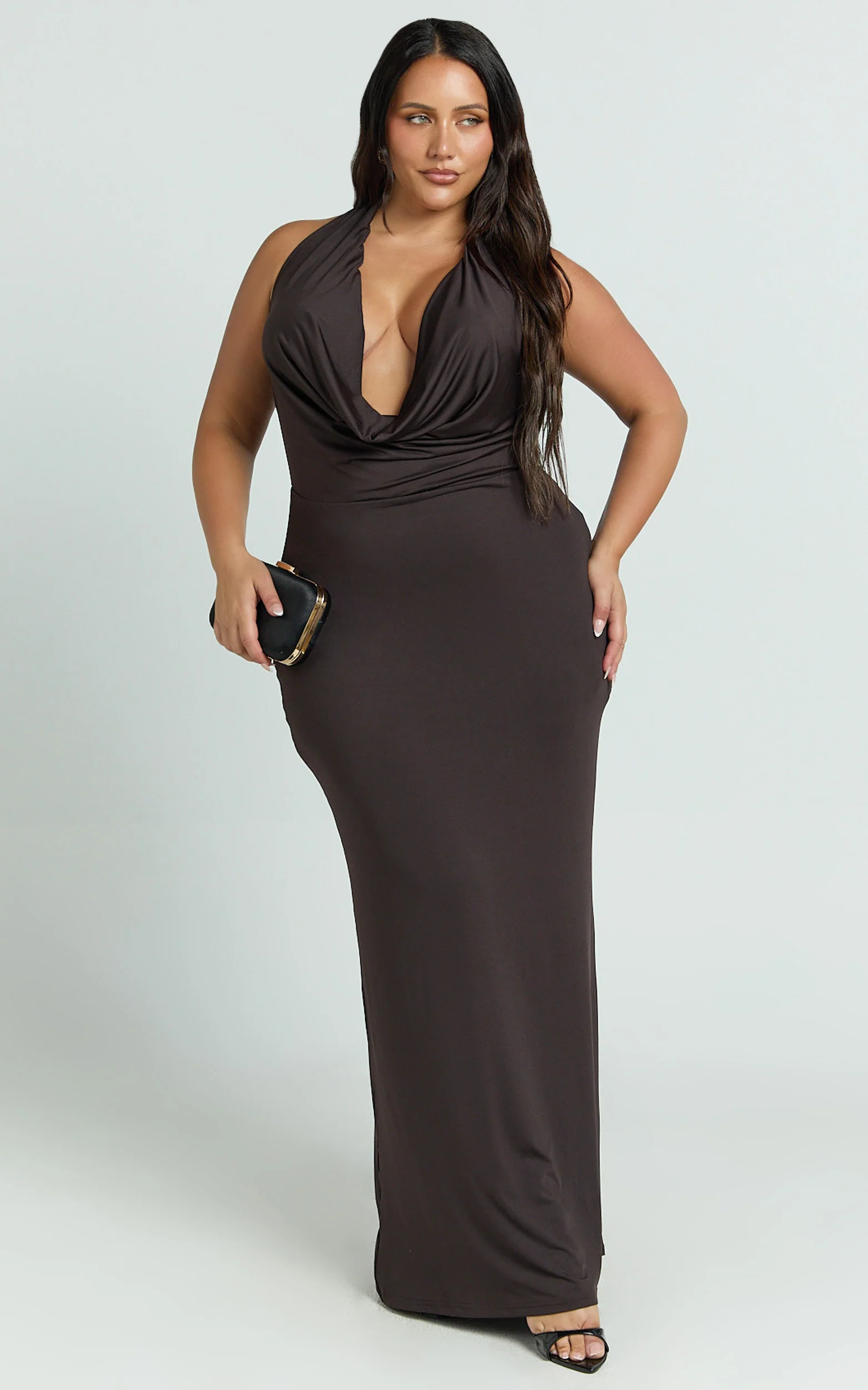 Sylvana Maxi Dress - Cowl Halter Neck Bodycon Dress in Chocolate - Image 2