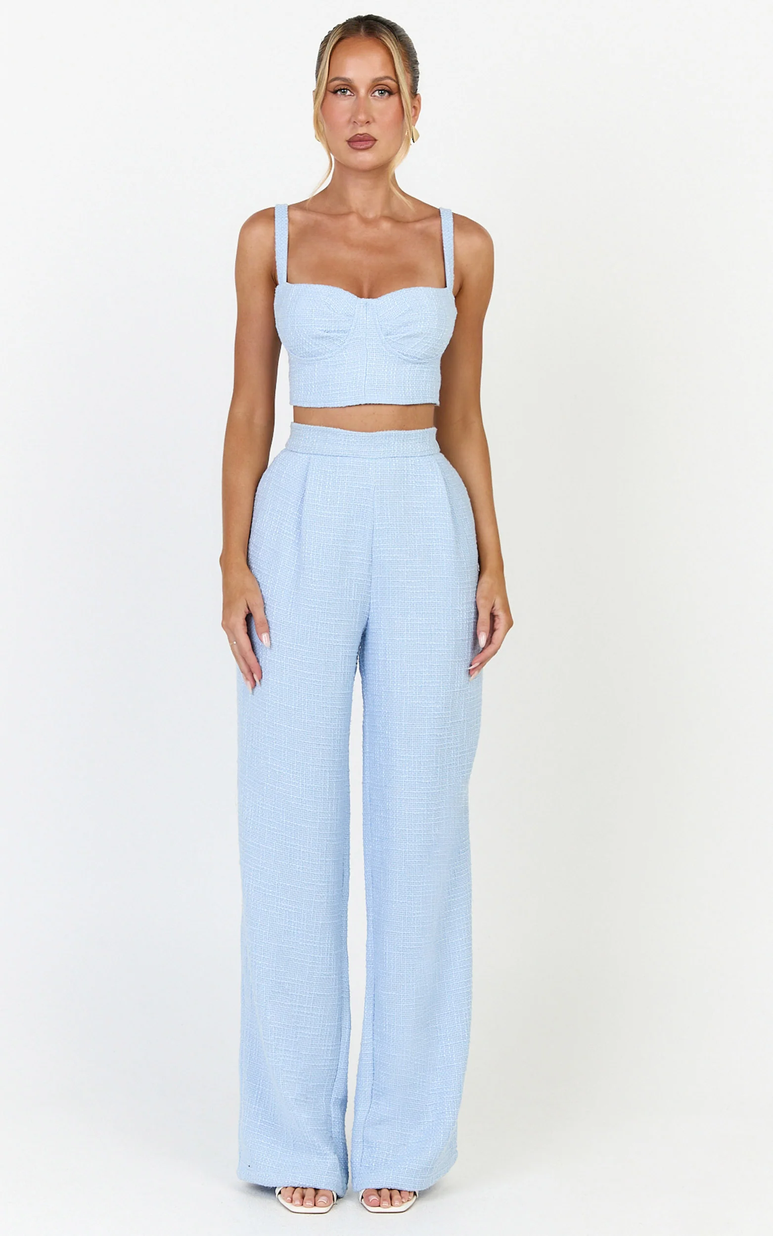 Sylvia Two Piece Set - Corset Top and High Waisted Wide Leg Pants Set in Blue - Image 3