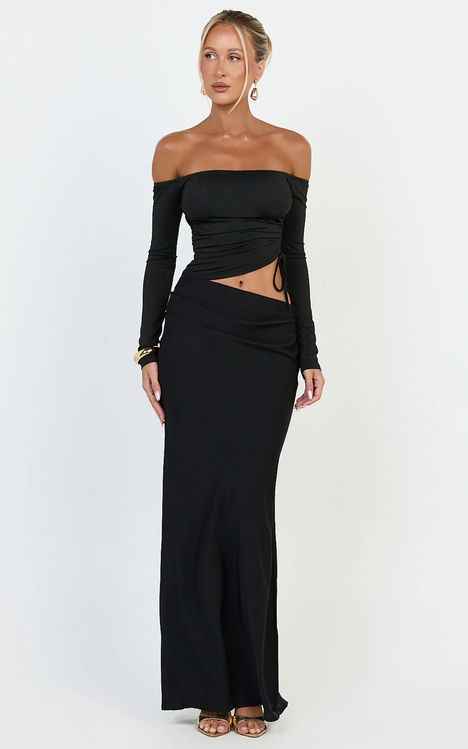 Tallulah Maxi Dress - Off Shoulder Long Sleeve Side Ruched Cut Out Dress in Black - Image 3