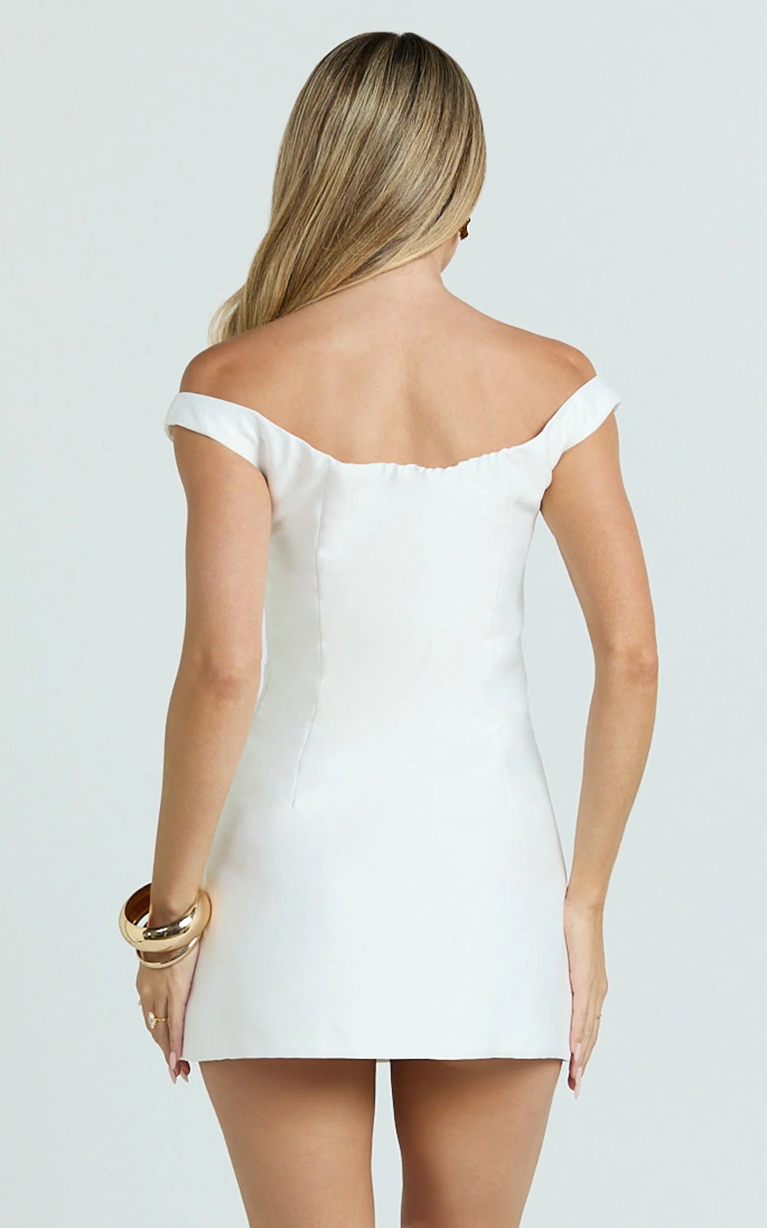 Tanisha Mini Dress - Off Shoulder Draped Waist Dress in White - Image 6