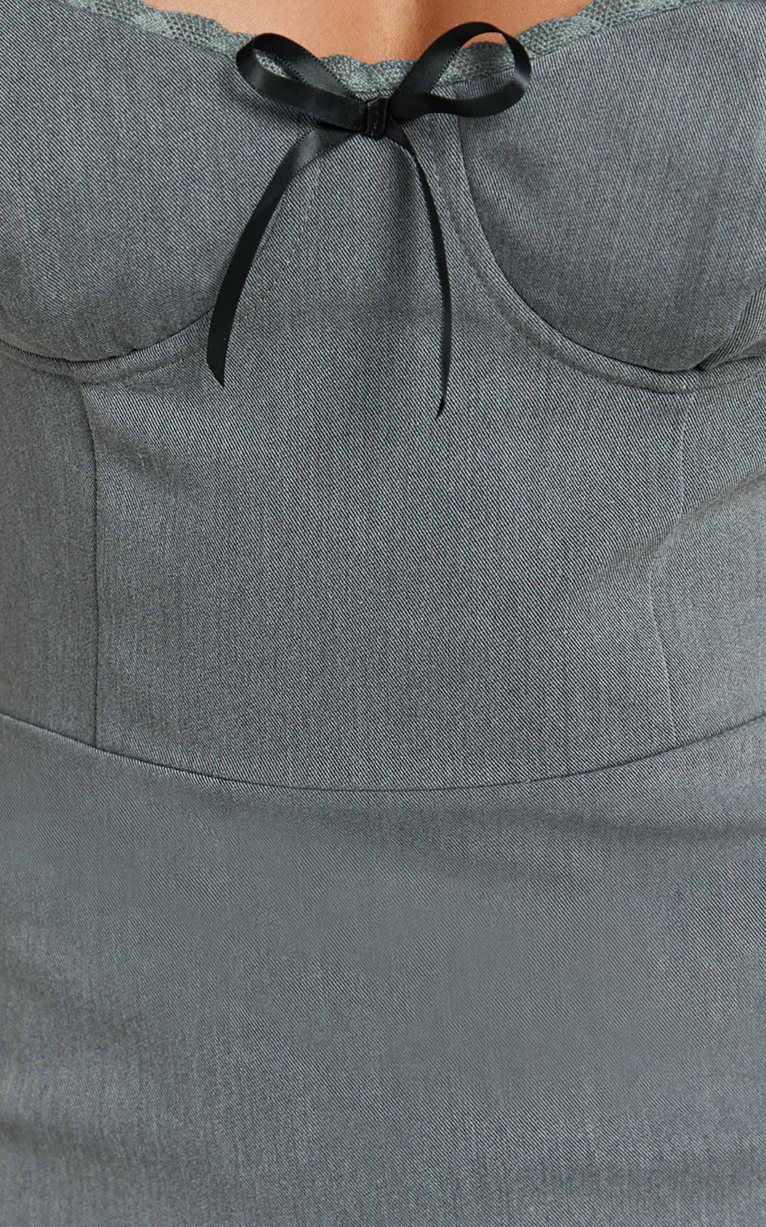 Tara Mini Dress - Lace Trim Sweetheart Neck Fitted Dress in Grey - Image 7