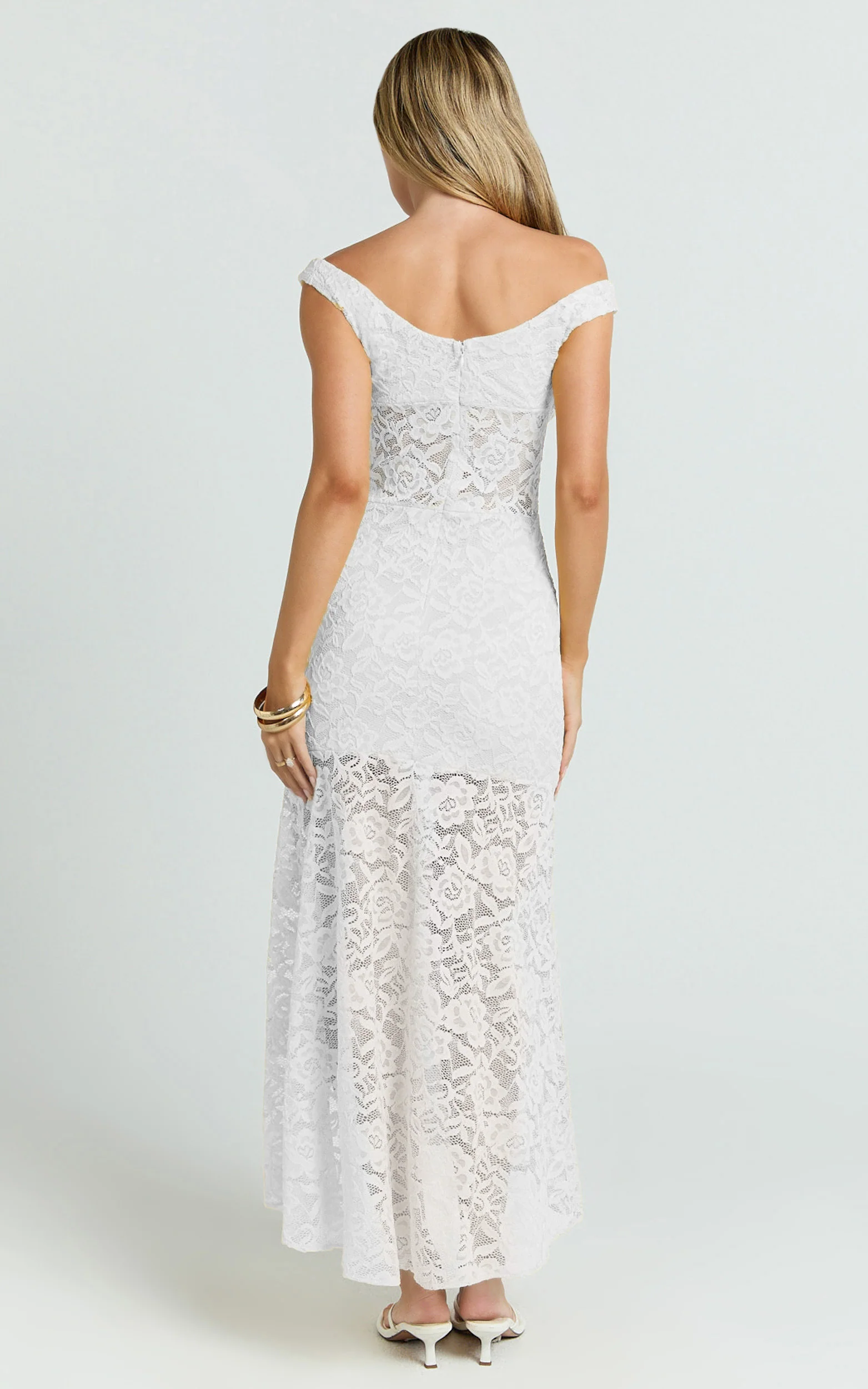 Tatum Midi Dress - Lace Off Shoulder Side Split Dress in Off White - Image 6