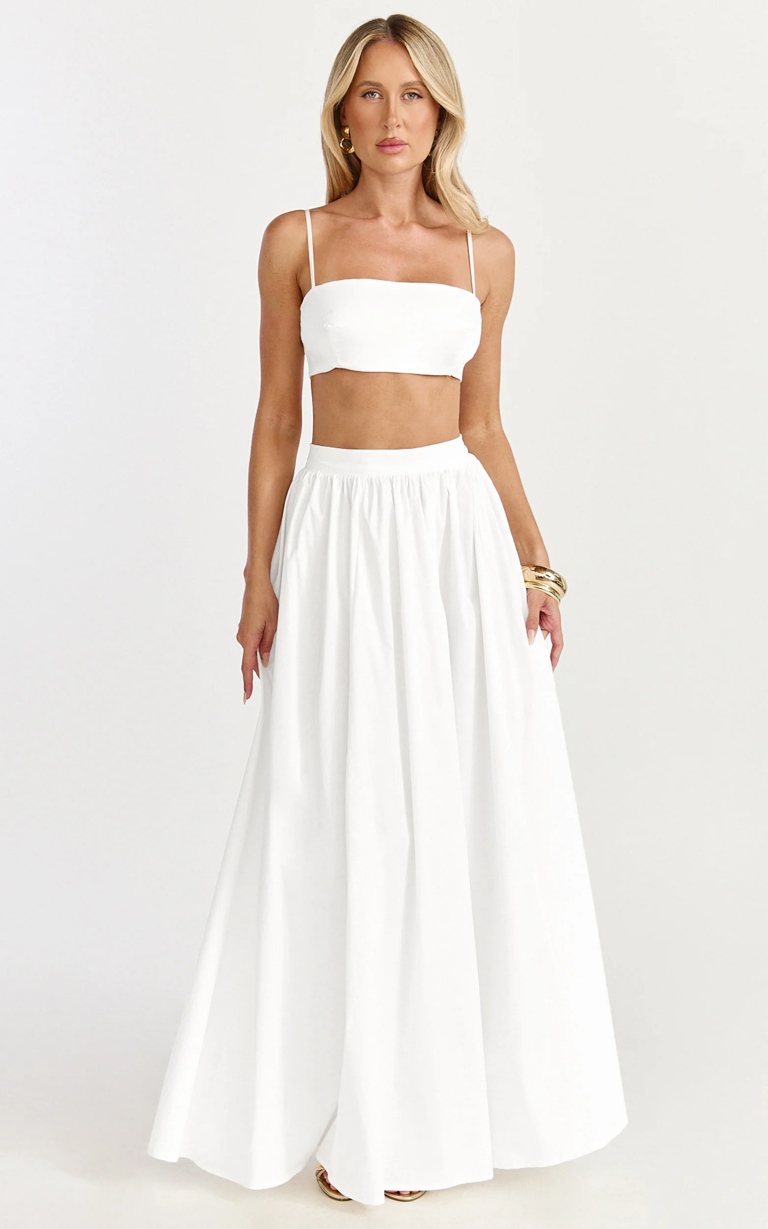 Tegan Two Piece Set - Straight Neck Micro Crop Top and A Line Maxi Skirt Set in White