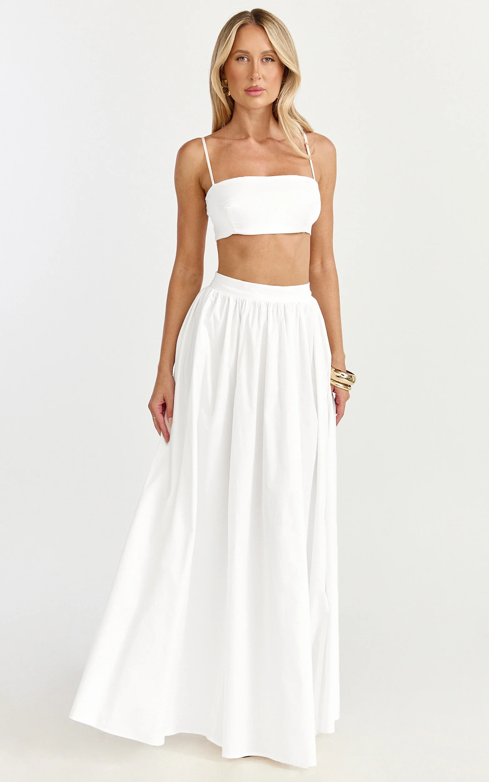 Tegan Two Piece Set - Straight Neck Micro Crop Top and A Line Maxi Skirt Set in White - Image 4