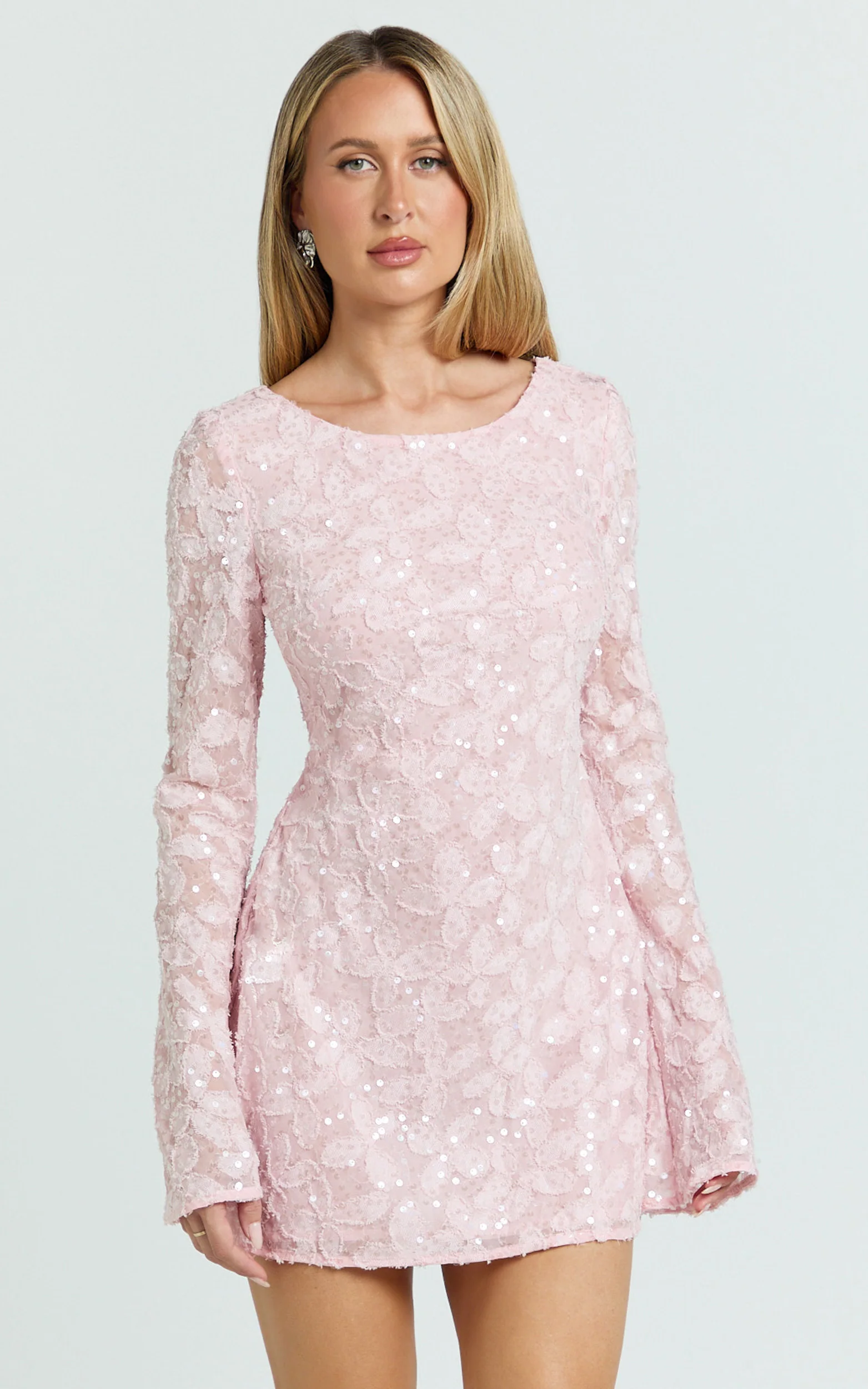 Terri Mini Dress - Long Sleeve Cowl Back Neck Dress in Pale Pink - Image 3