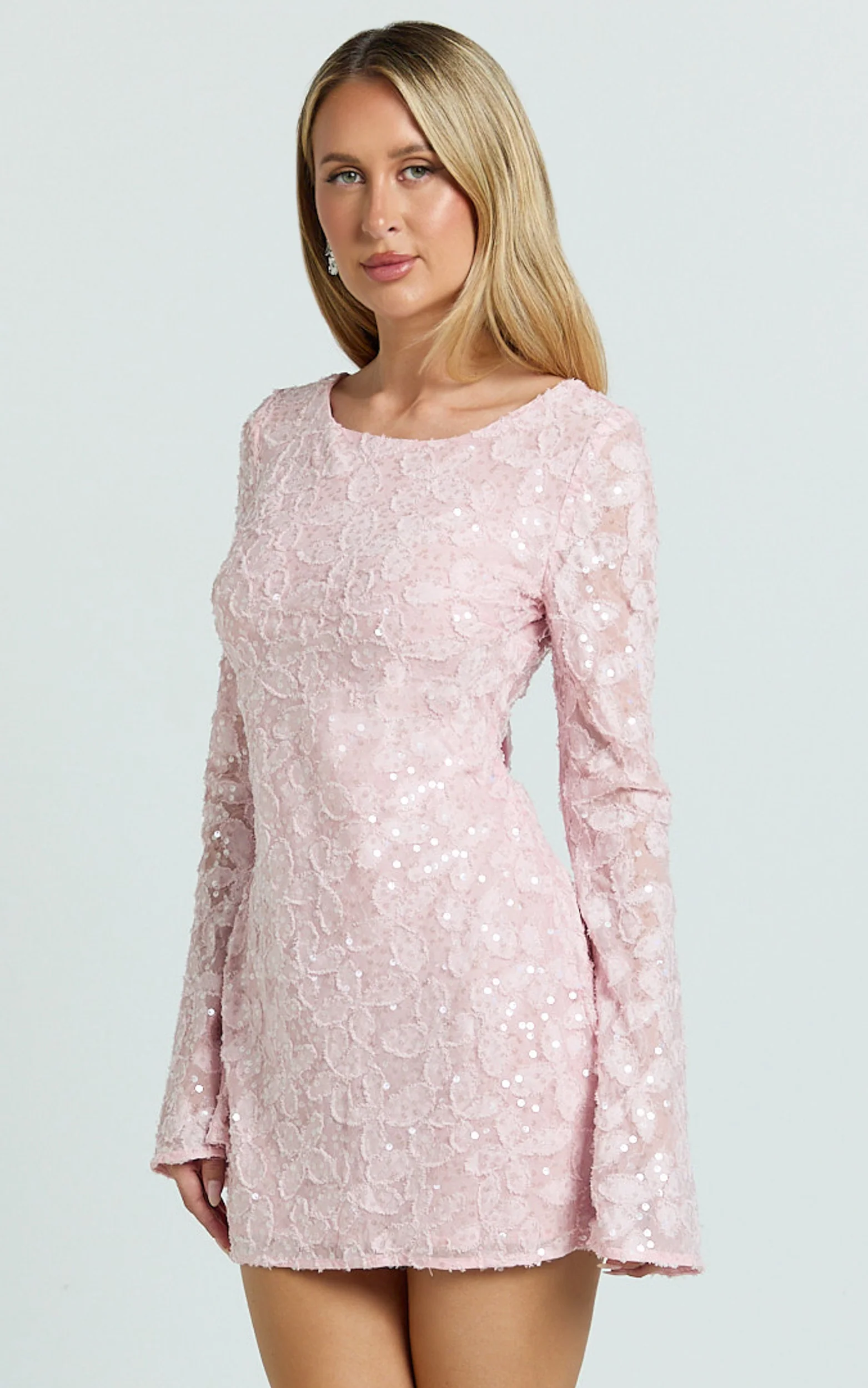 Terri Mini Dress - Long Sleeve Cowl Back Neck Dress in Pale Pink - Image 4