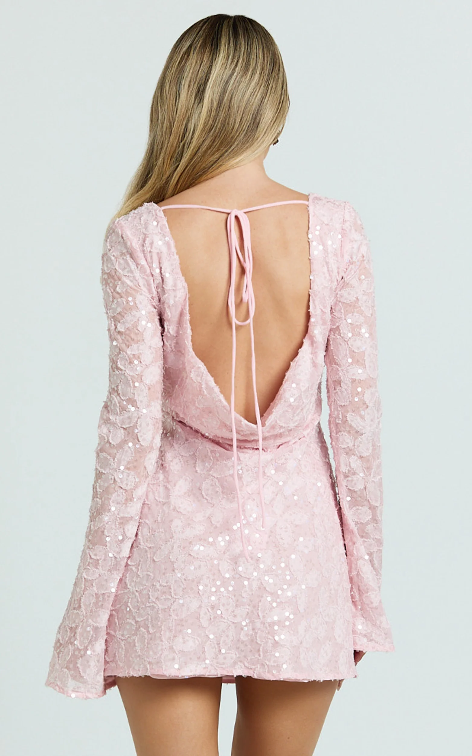 Terri Mini Dress - Long Sleeve Cowl Back Neck Dress in Pale Pink - Image 5