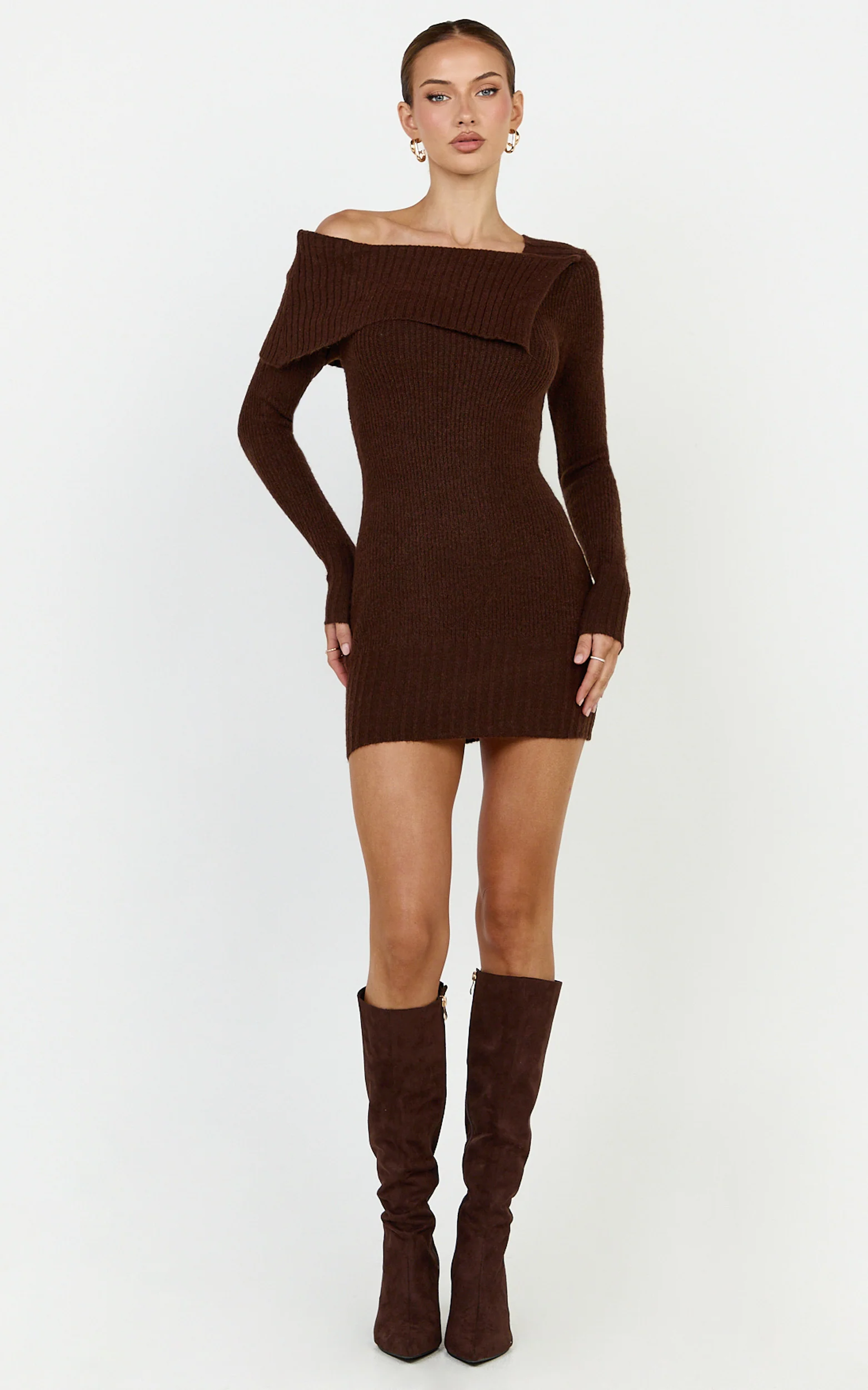 Tess Mini Dress - Asymmetric Off Shoulder Long Sleeve Knit Dress in Chocolate - Image 2