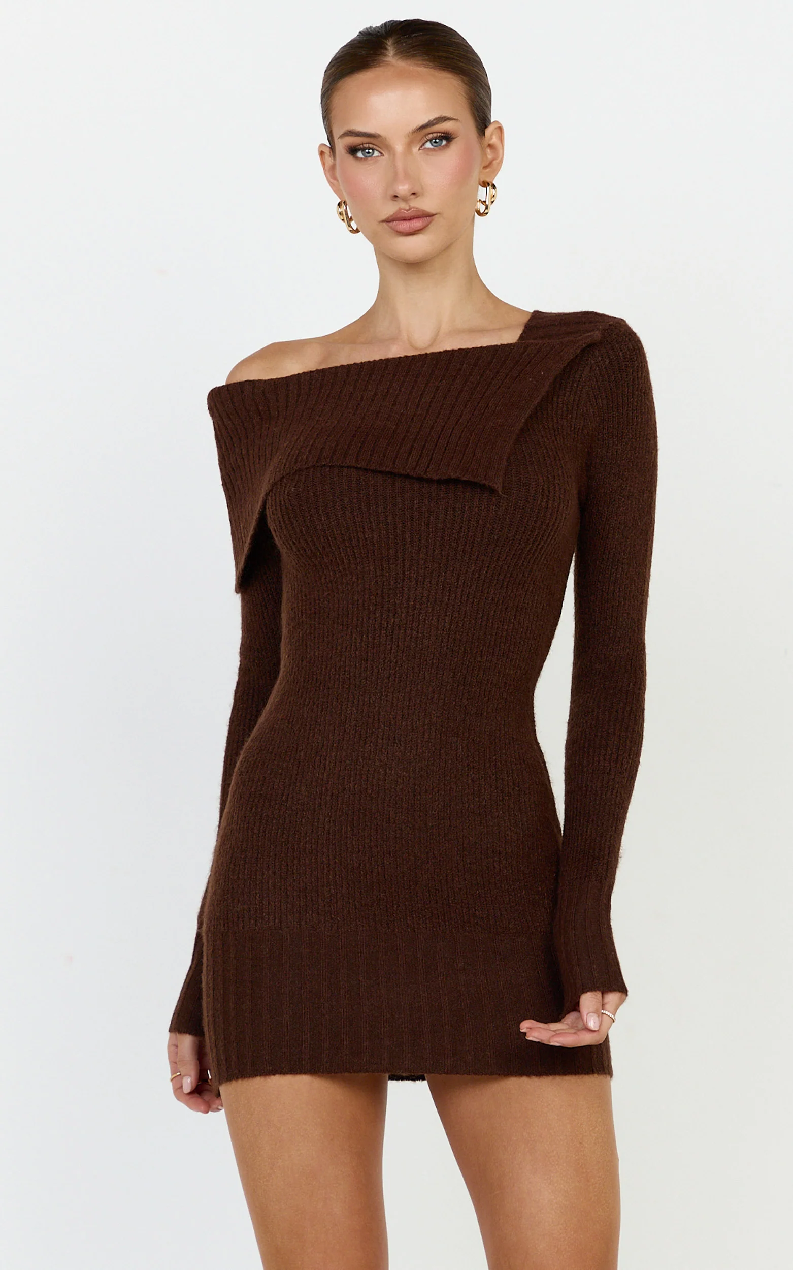 Tess Mini Dress - Asymmetric Off Shoulder Long Sleeve Knit Dress in Chocolate - Image 3
