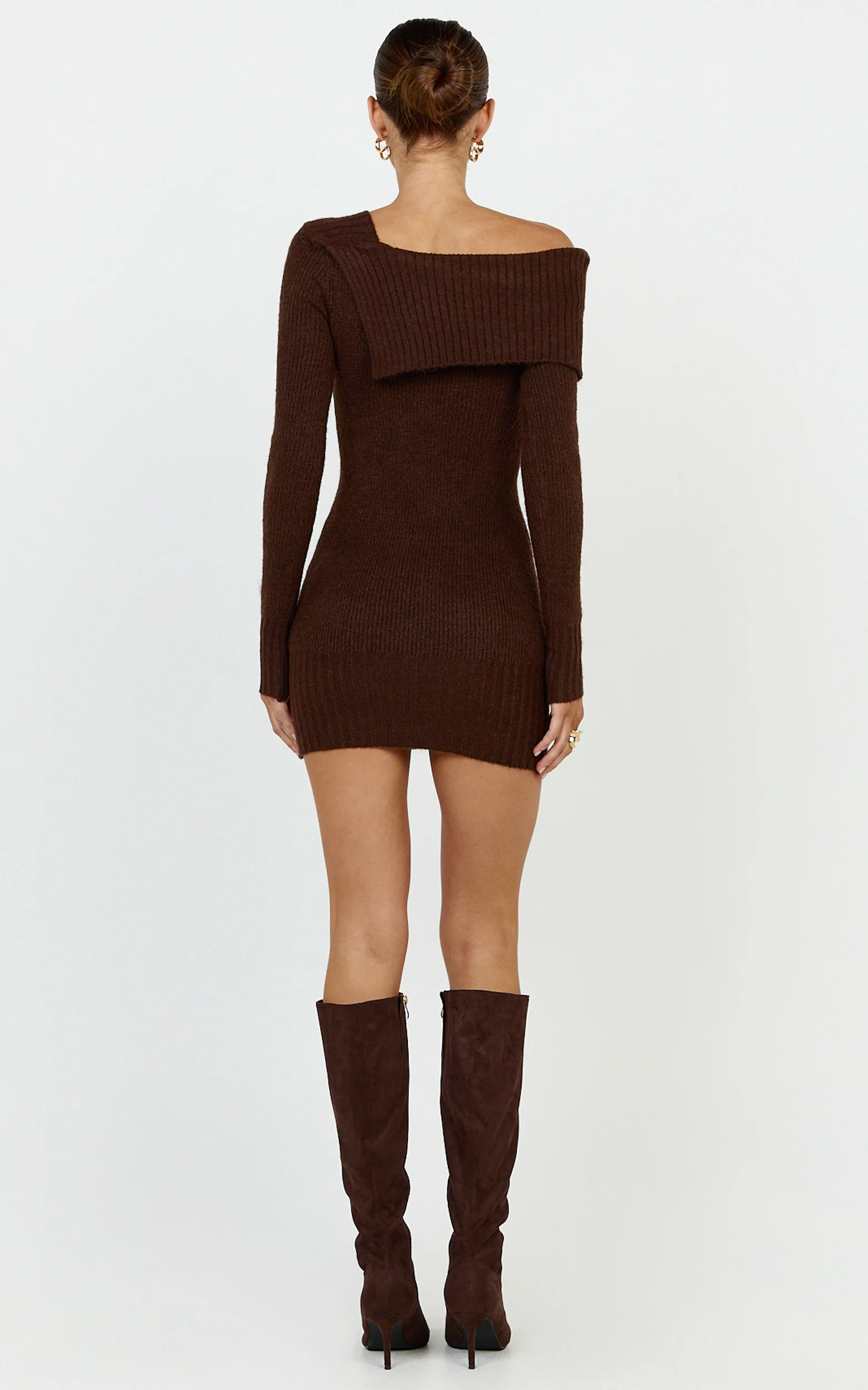 Tess Mini Dress - Asymmetric Off Shoulder Long Sleeve Knit Dress in Chocolate - Image 5