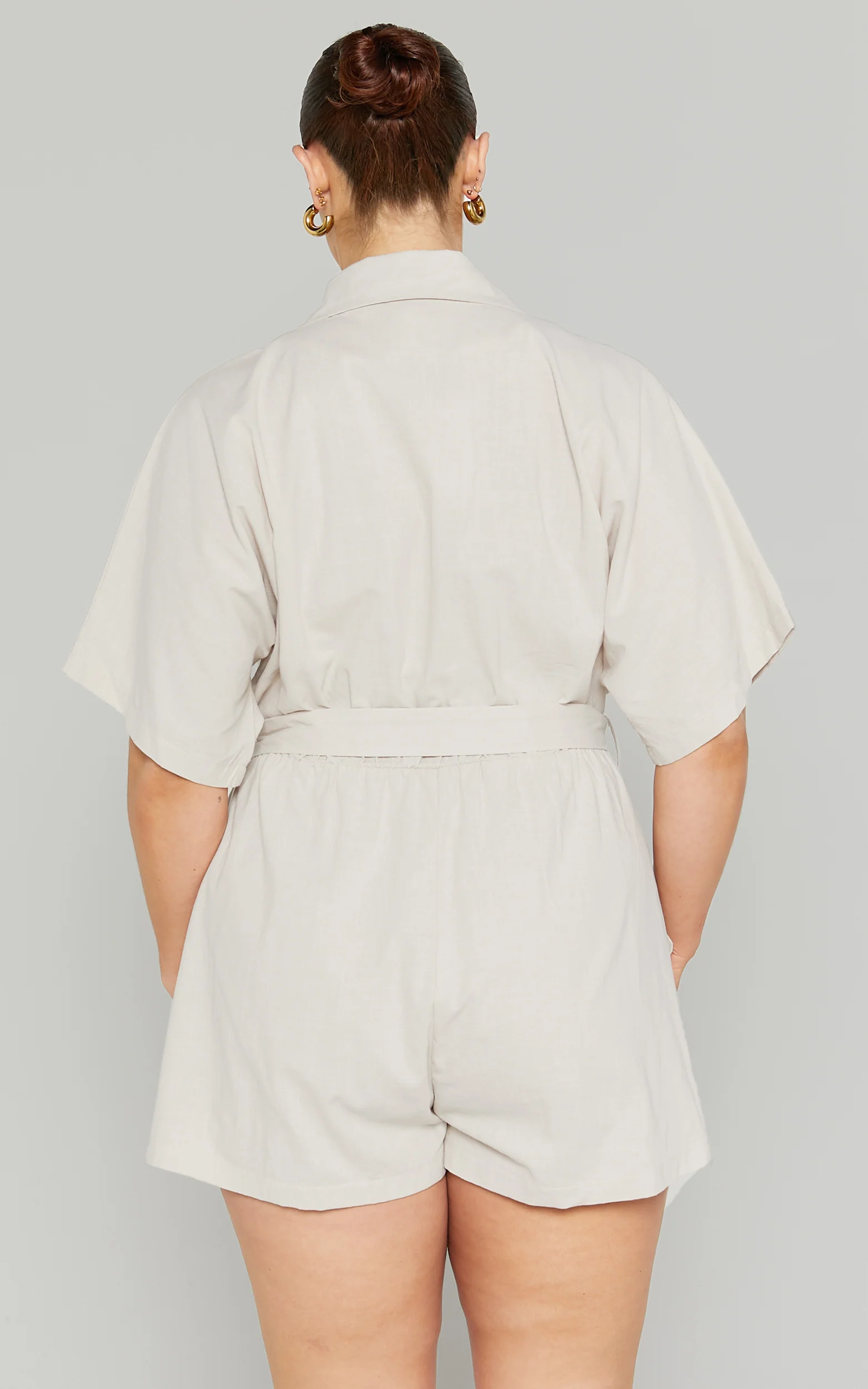 Thaisa Playsuit - Short Sleeve Collared Belted Playsuit in Biscuit - Image 7