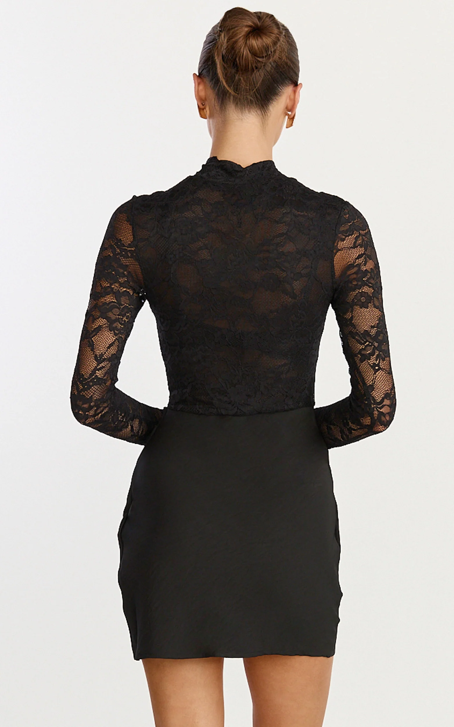 Thalassa Mini Dress - Turtle Neck Long Sleeve Drape Bias Cut Dress in Black - Image 5