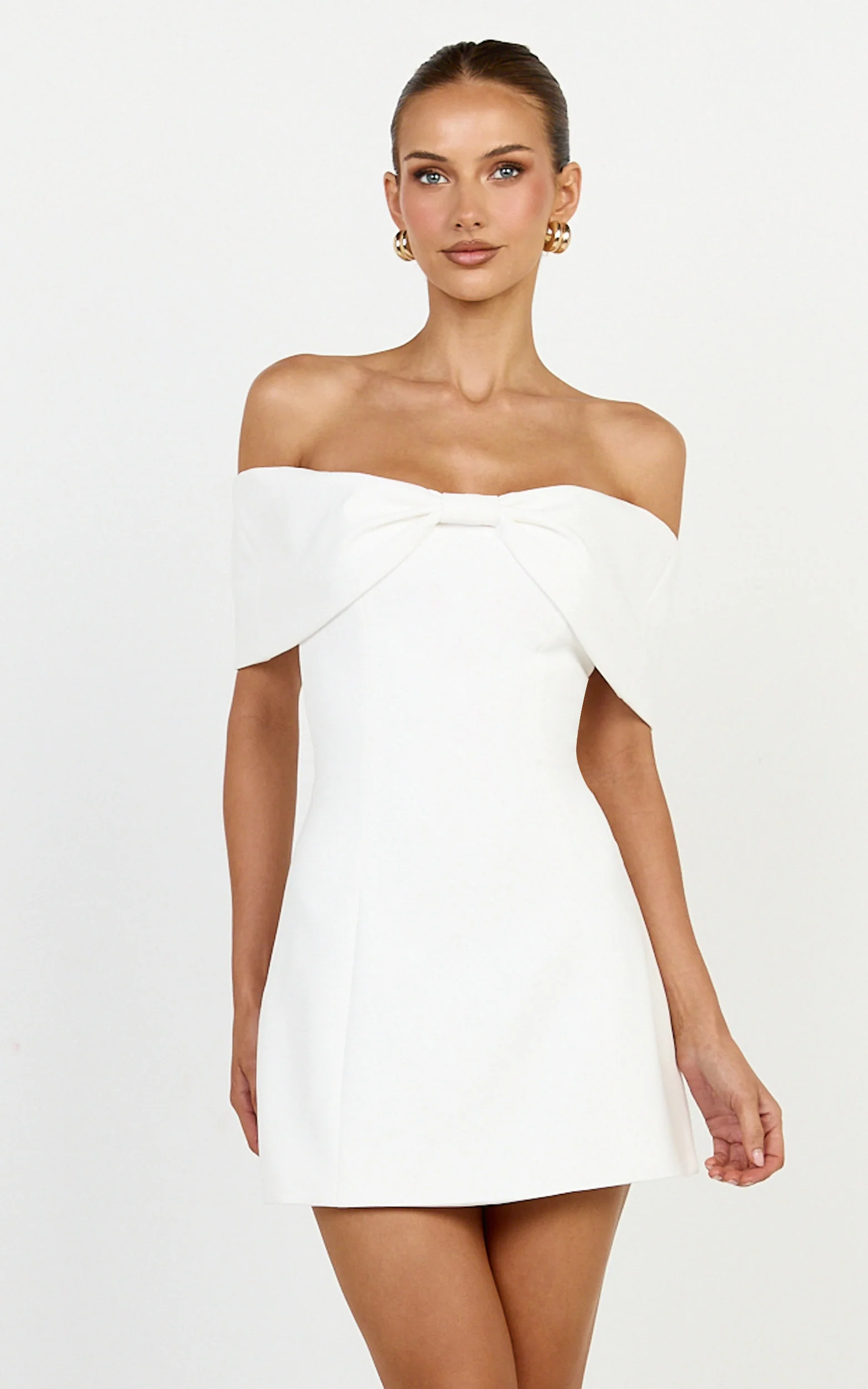 Thalia Mini Dress - Off Shoulder Bow Detail Dress in White - Image 3