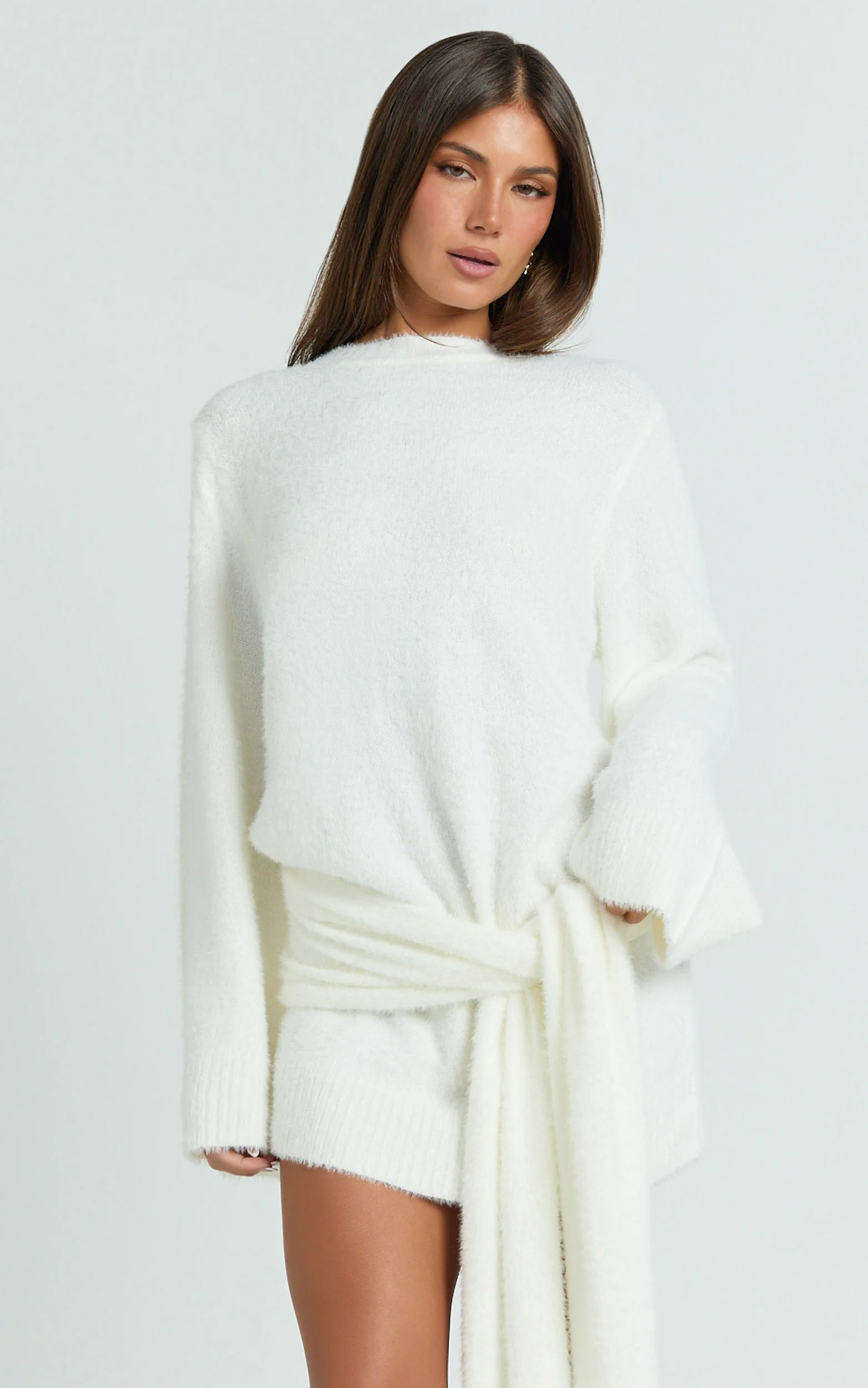 Tisdale Mini Dress - Wrap Skirt Fluffy Knit Jumper Dress in Cream - Image 3