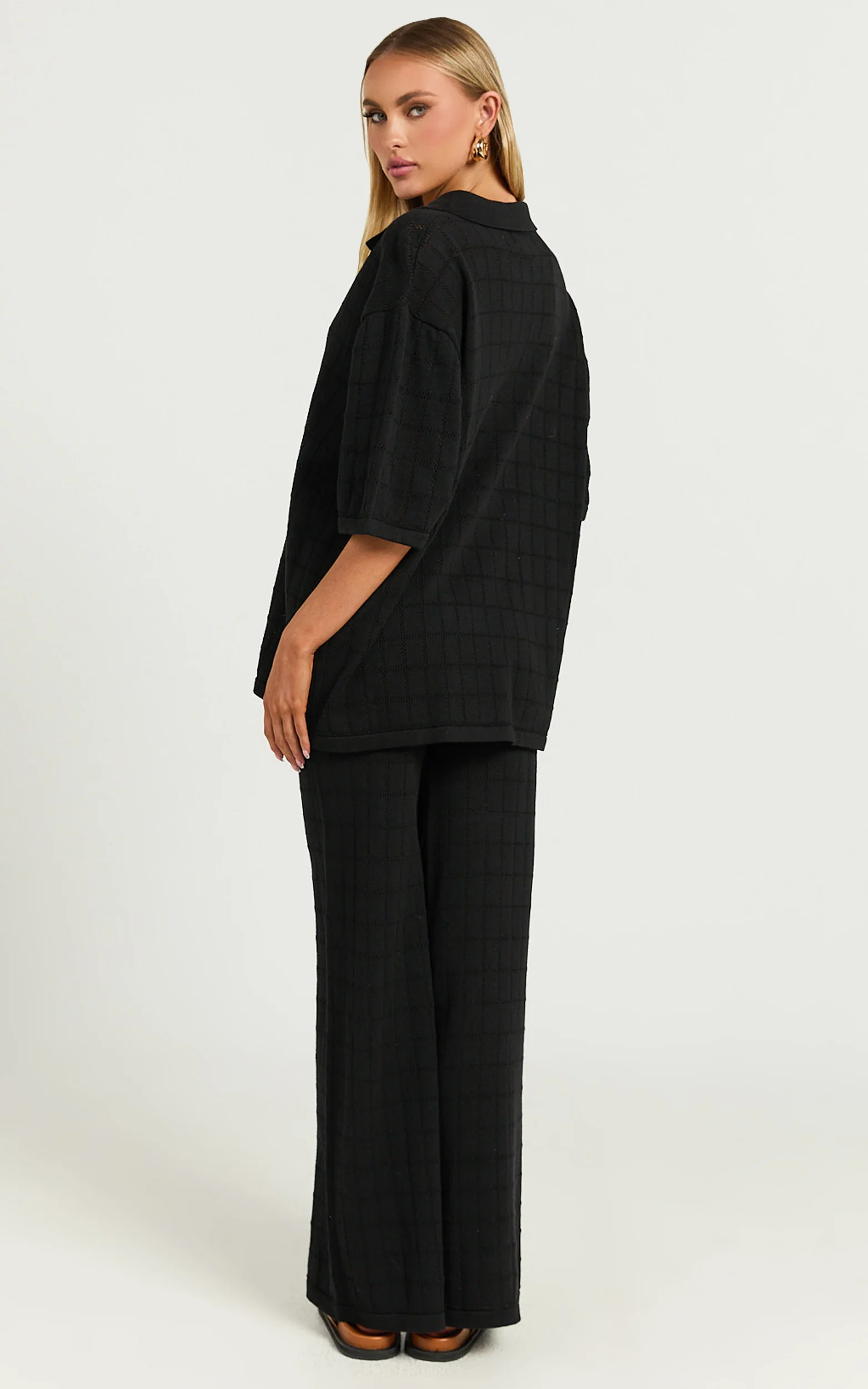 Tommy Two Piece Set - Knit Button Through Top and Pants Two Piece Set in Black - Image 7