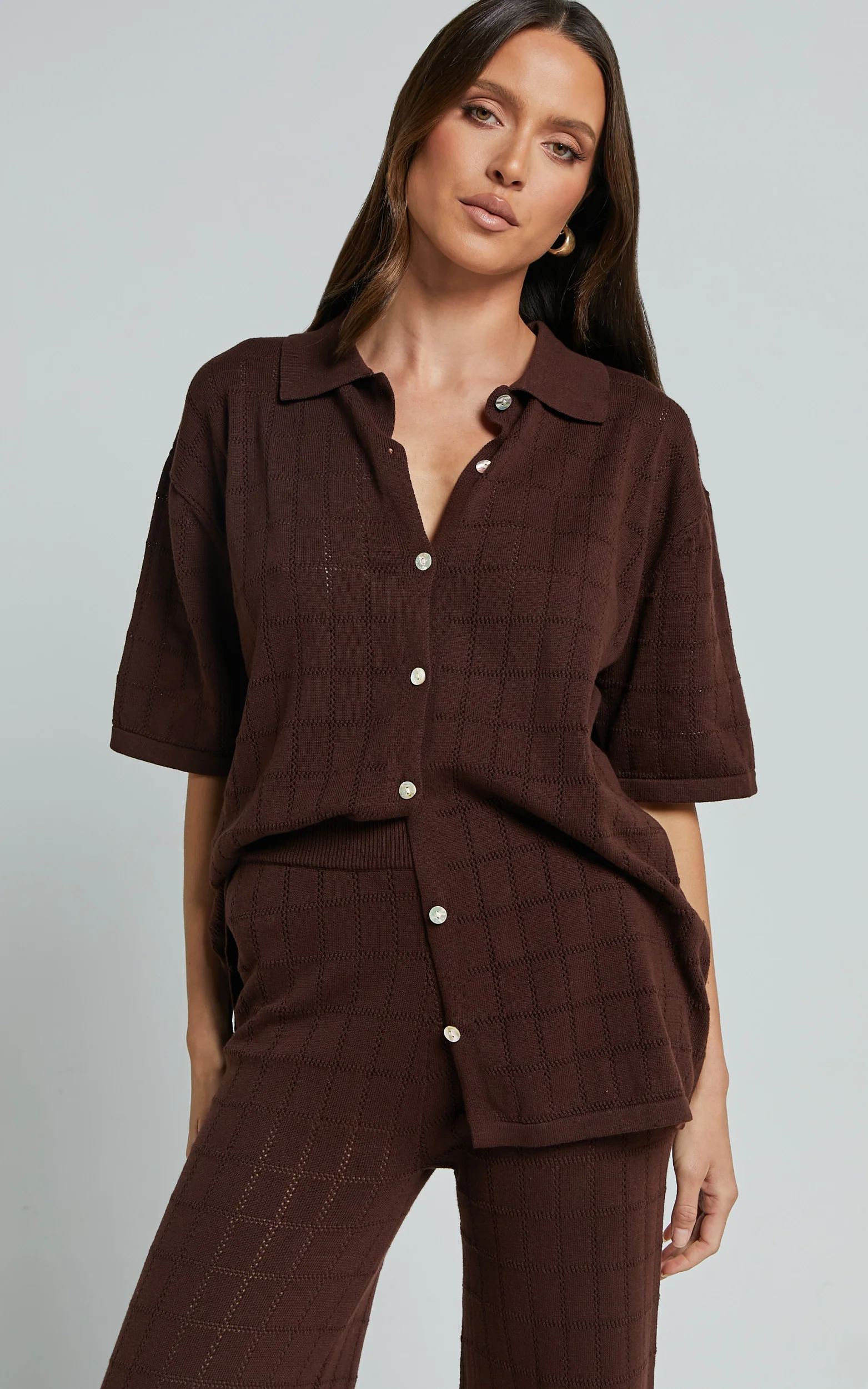 Tommy Two Piece Set - Knit Button Through Top and Pants Two Piece Set in Chocolate - Image 2