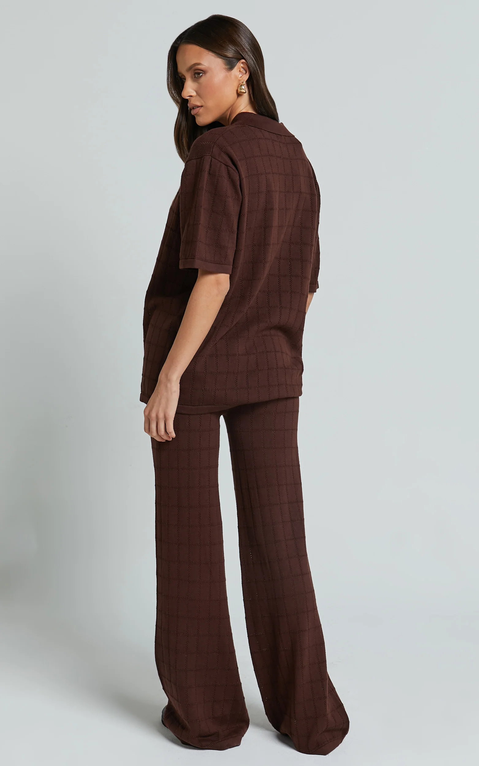 Tommy Two Piece Set - Knit Button Through Top and Pants Two Piece Set in Chocolate - Image 6