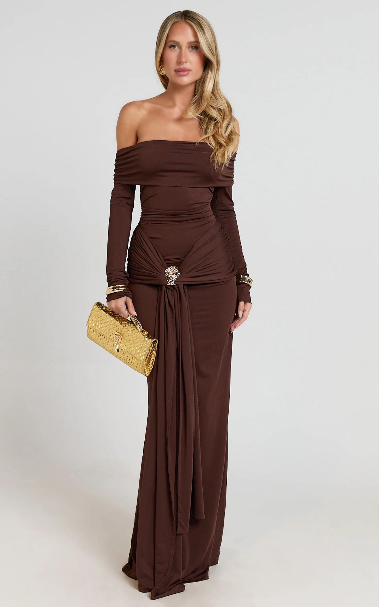 Trish Maxi Dress - Off Shoulder Hardware Trim Bodycon Dress in Chocolate - Image 2