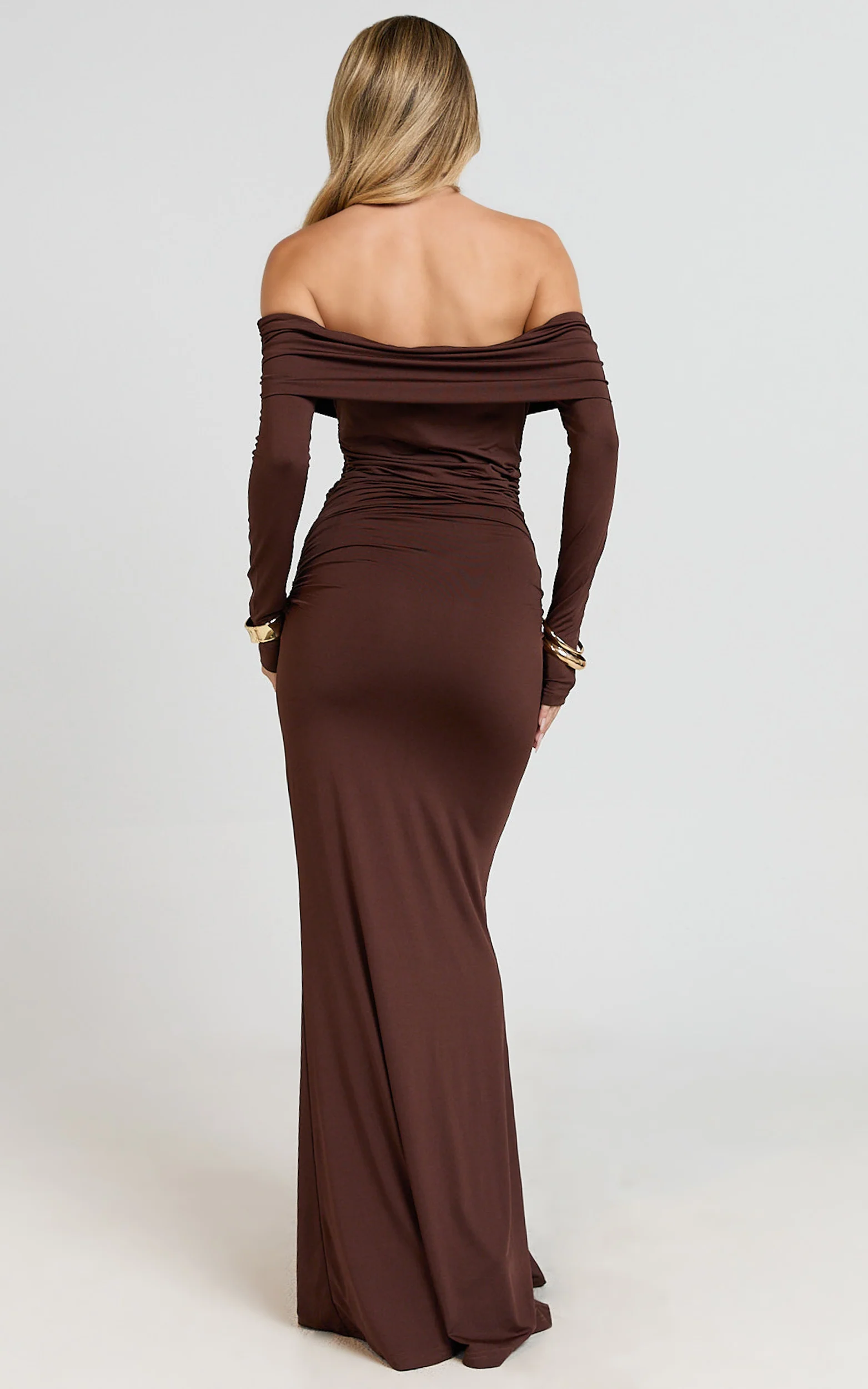 Trish Maxi Dress - Off Shoulder Hardware Trim Bodycon Dress in Chocolate - Image 7