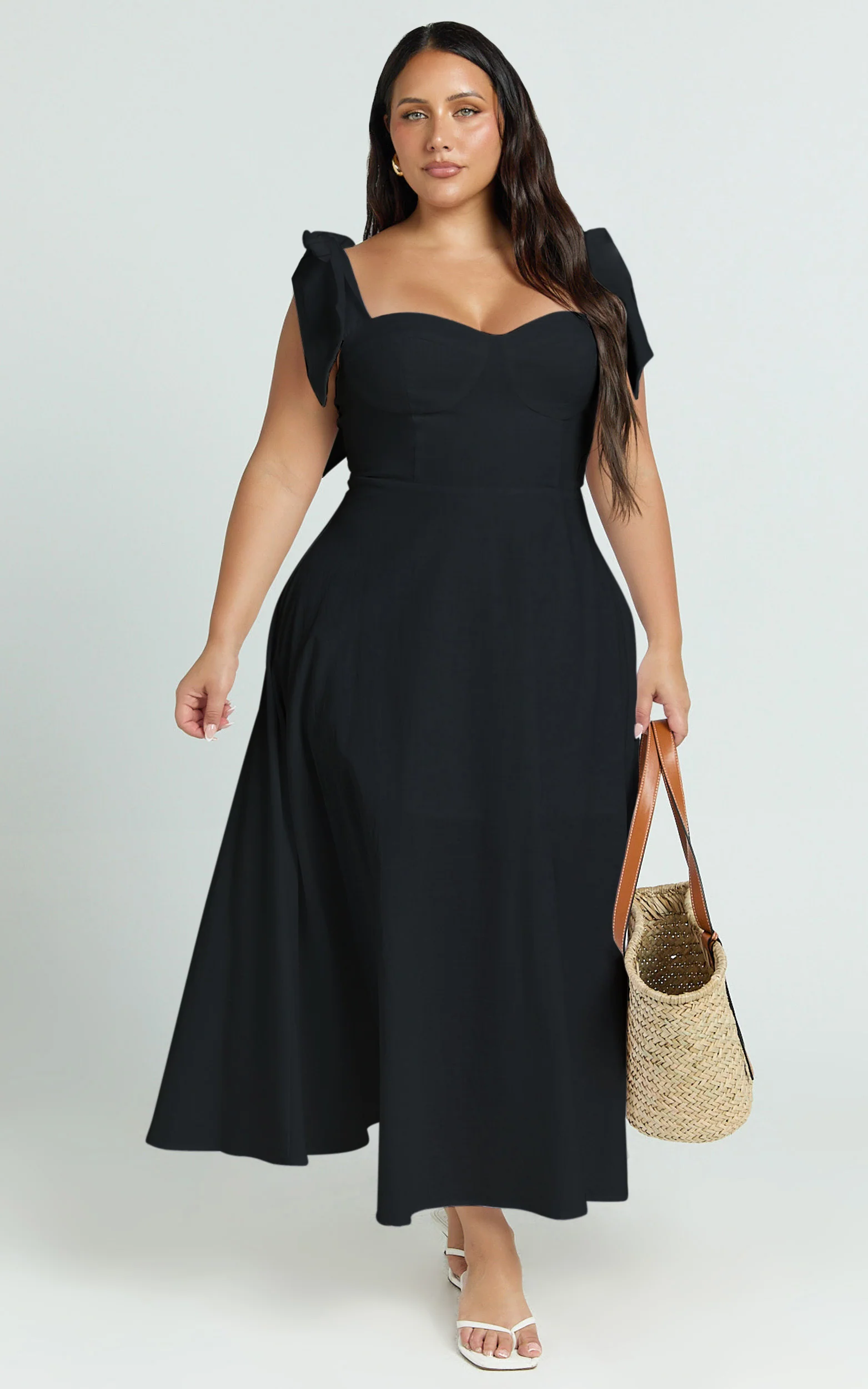 Tymia Midi Dress - Shoulder Tie Bustier Shirred Back A Line in Black - Image 2
