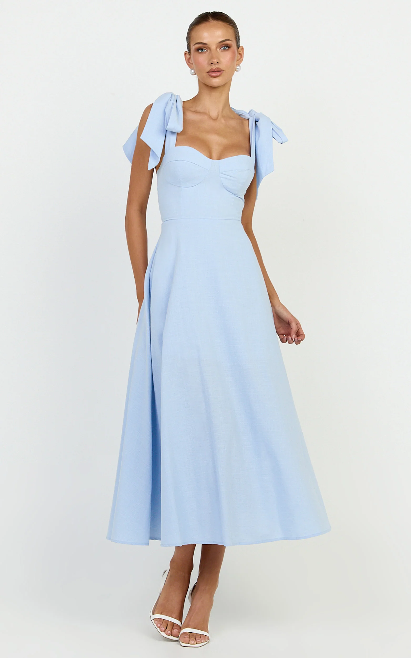 Tymia Midi Dress - Shoulder Tie Bustier Shirred Back A Line in Pastel Blue - Image 4