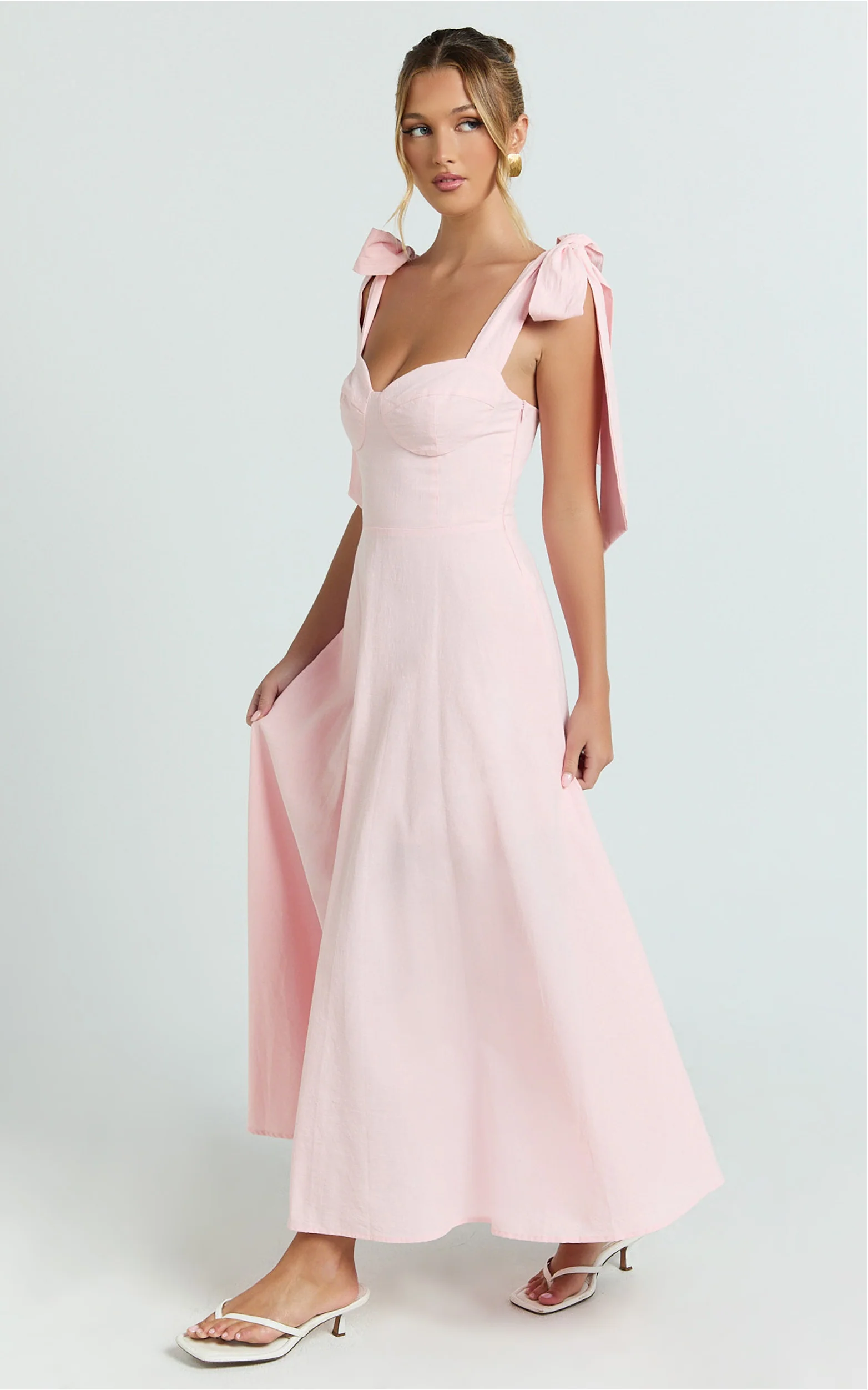 Tymia Midi Dress - Shoulder Tie Bustier Shirred Back A Line in Pink - Image 4