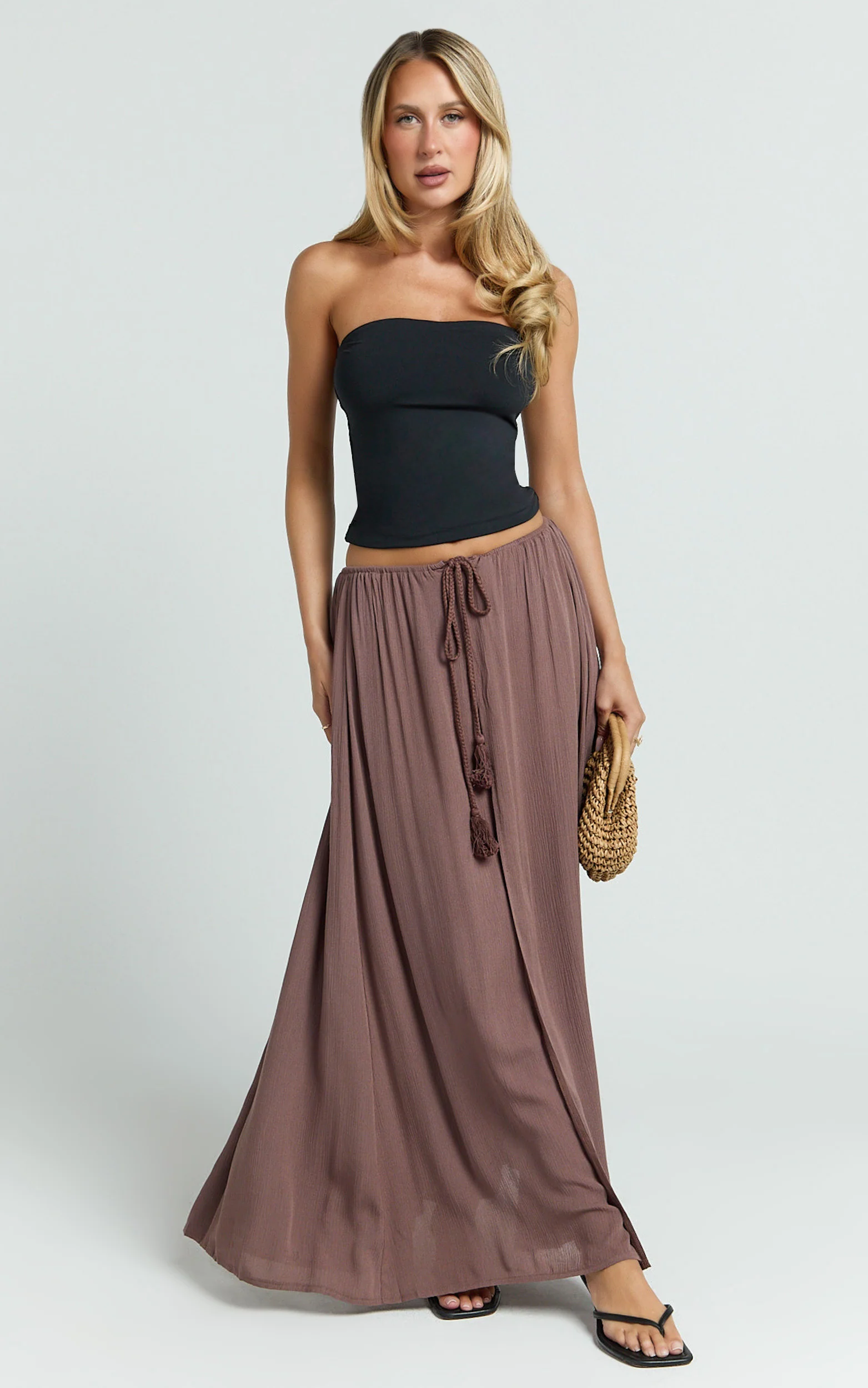 Under The Twilight Maxi Skirt - Thigh Split Skirt in Taupe - Image 4