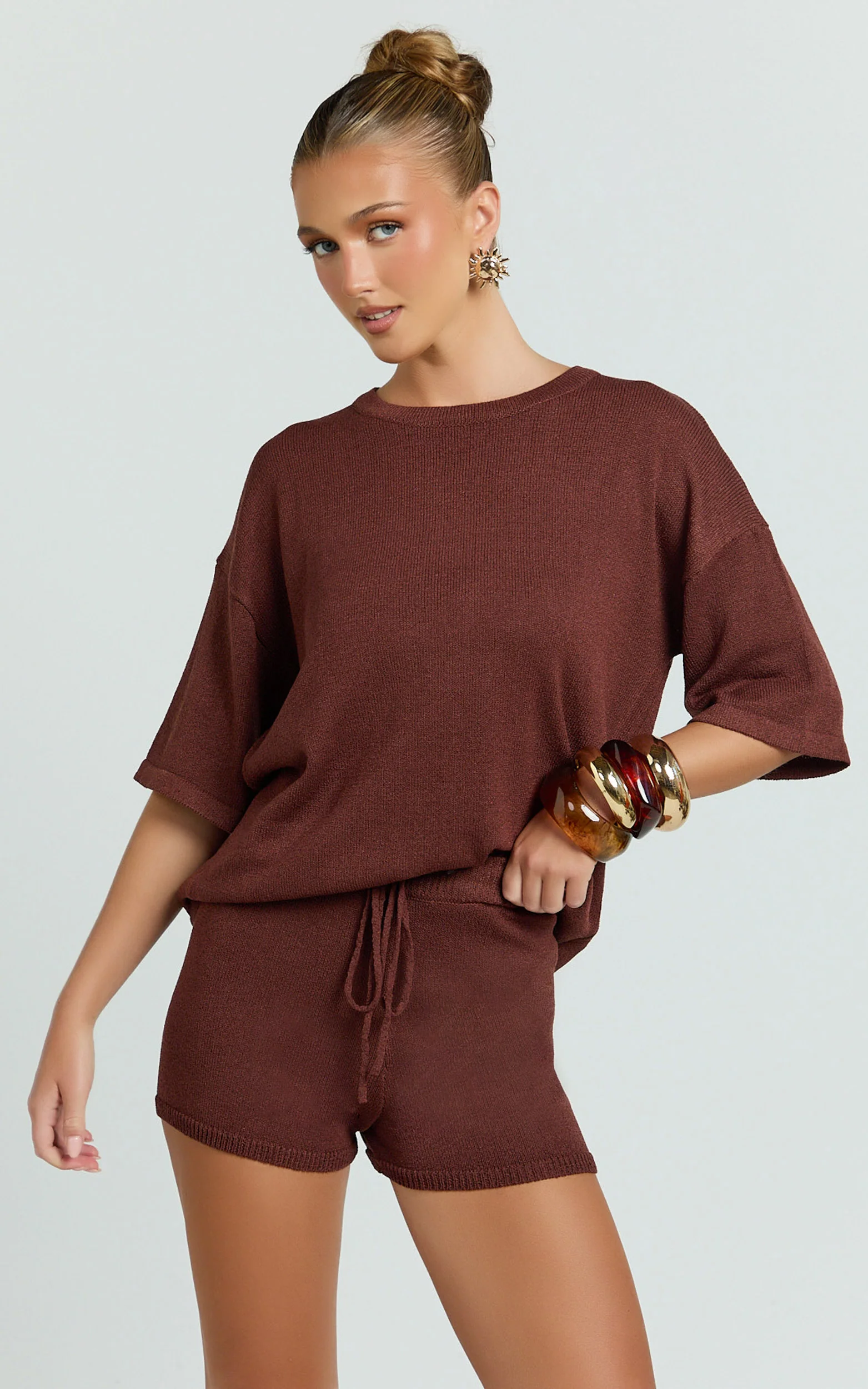 Valencia Two Piece Top And Shorts Set - Knit Tee And Shorts Set in Chocolate - Image 3