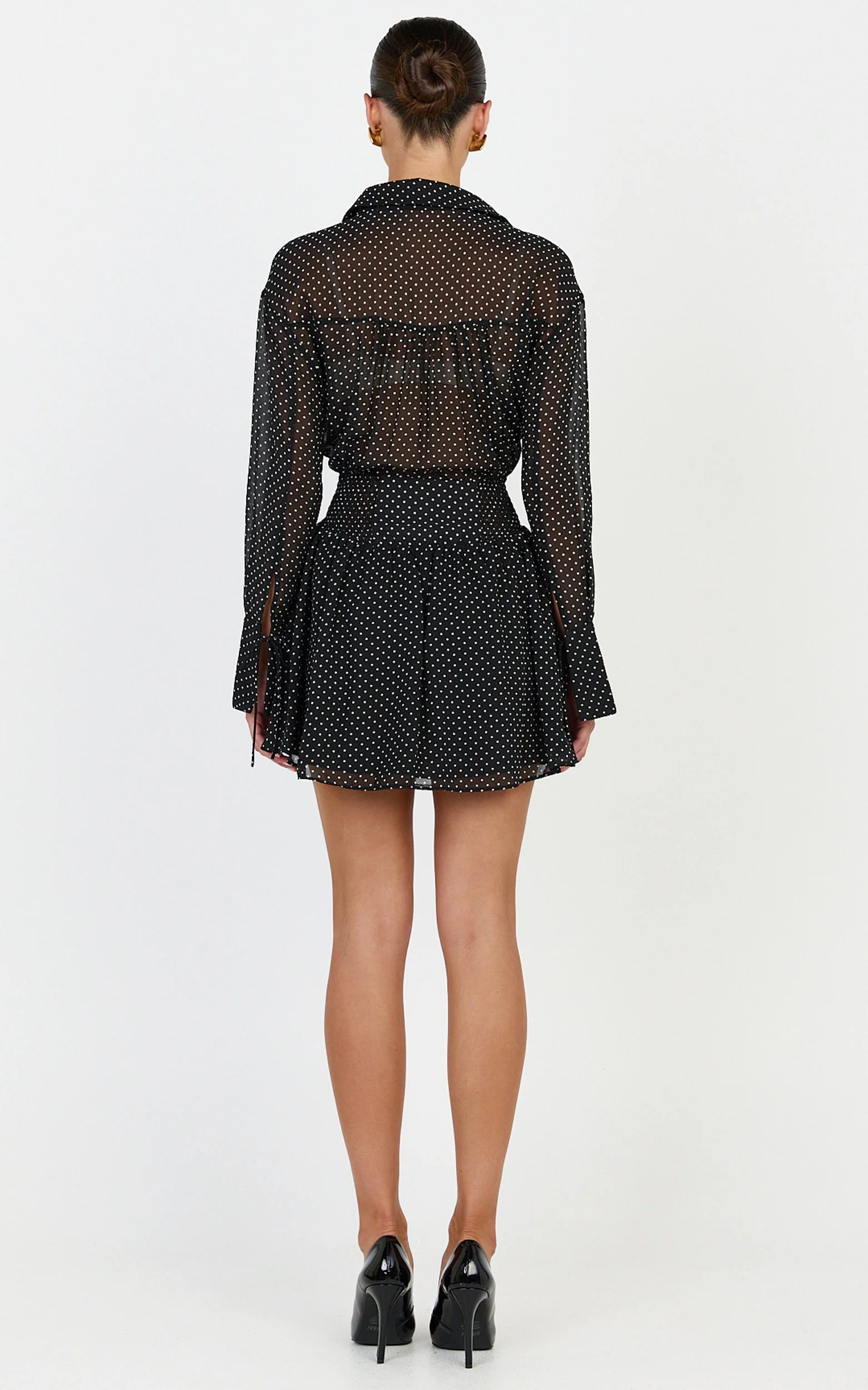 Valerie Mini Dress - Collared Long Sleeve Waist Shirt Dress in Black Polka Dot - Image 8