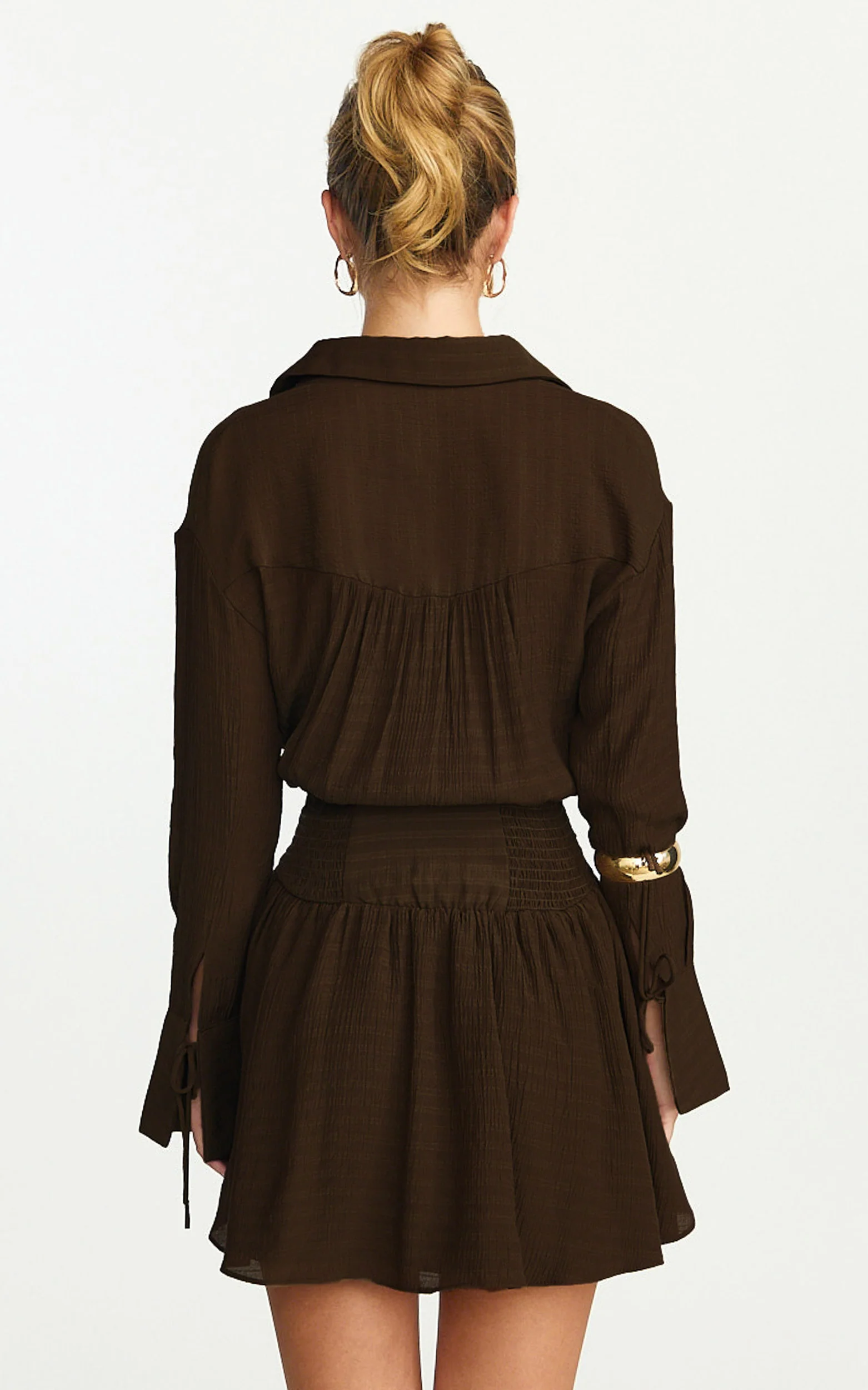 Valerie Mini Dress - Collared Long Sleeve Waist Shirt Dress in Chocolate - Image 10