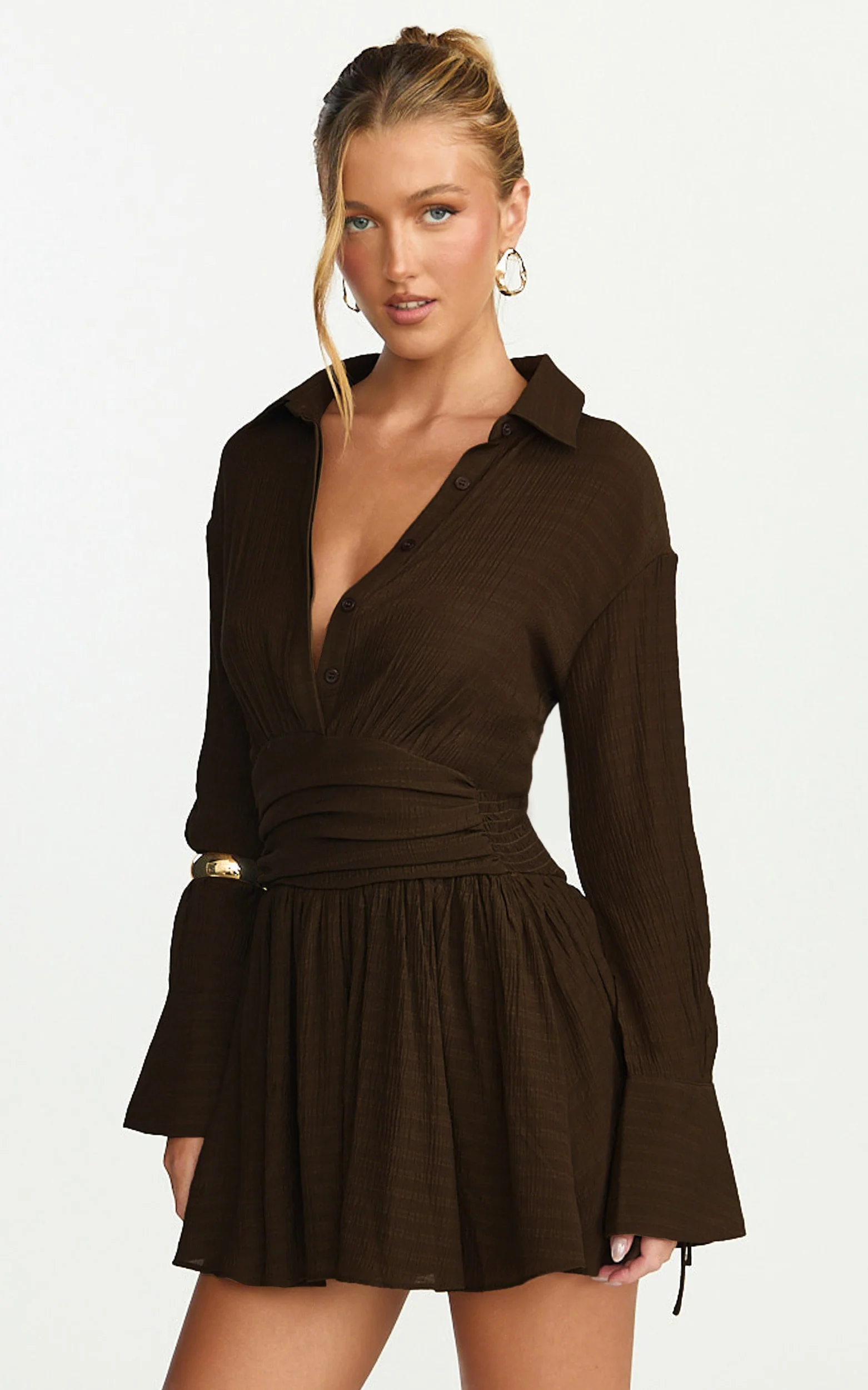 Valerie Mini Dress - Collared Long Sleeve Waist Shirt Dress in Chocolate - Image 7