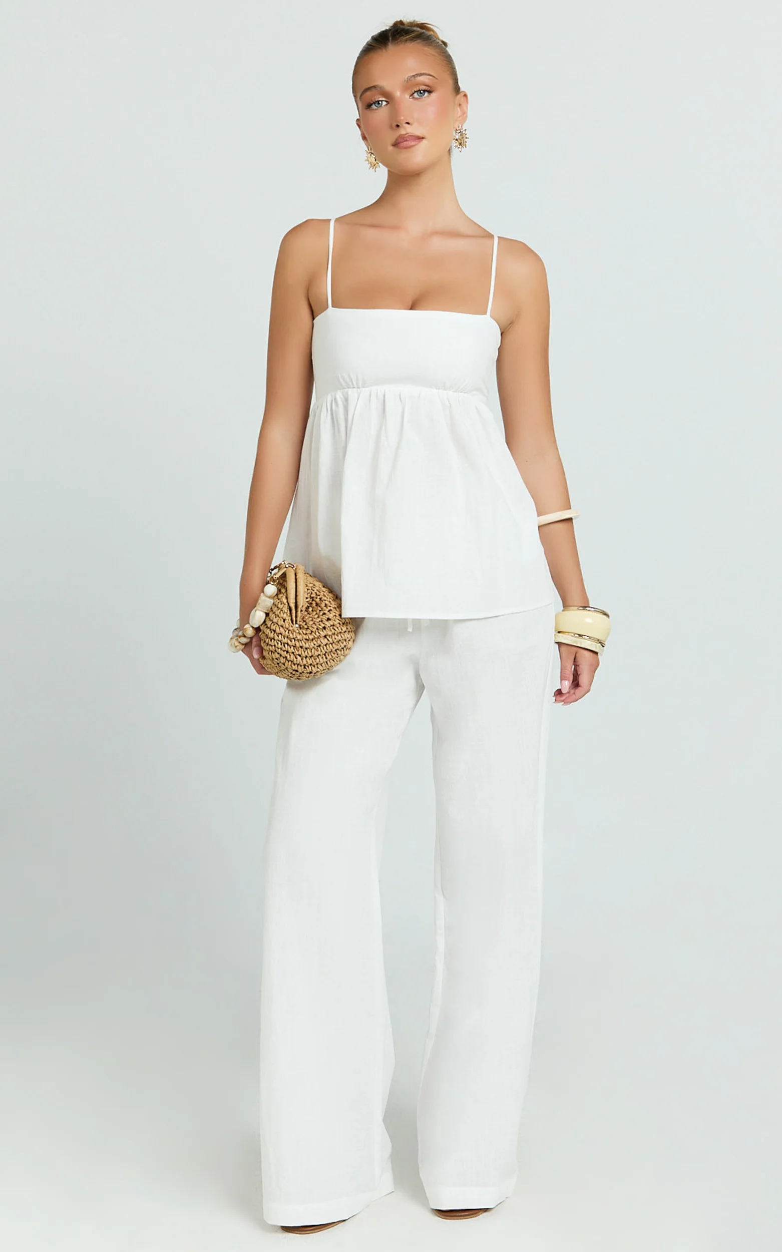 Valerie Two Piece Top and Pants Set - Baby Doll Top And Relaxed Pants Set in Off White - Image 3