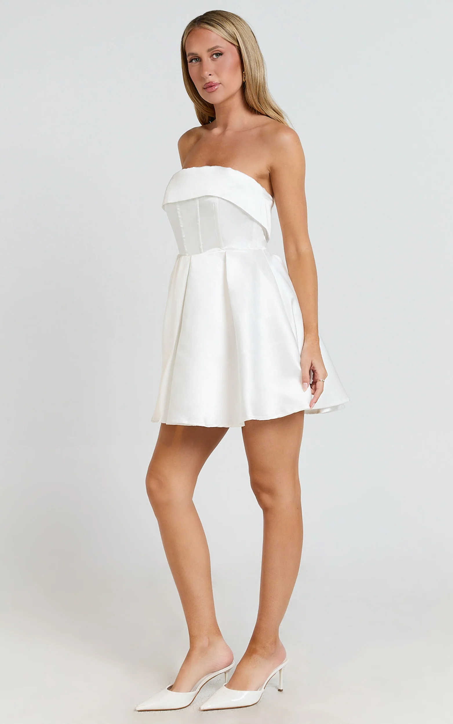 Valora Mini Dress - Strapless Fit and Flare Satin Dress in Ivory - Image 5